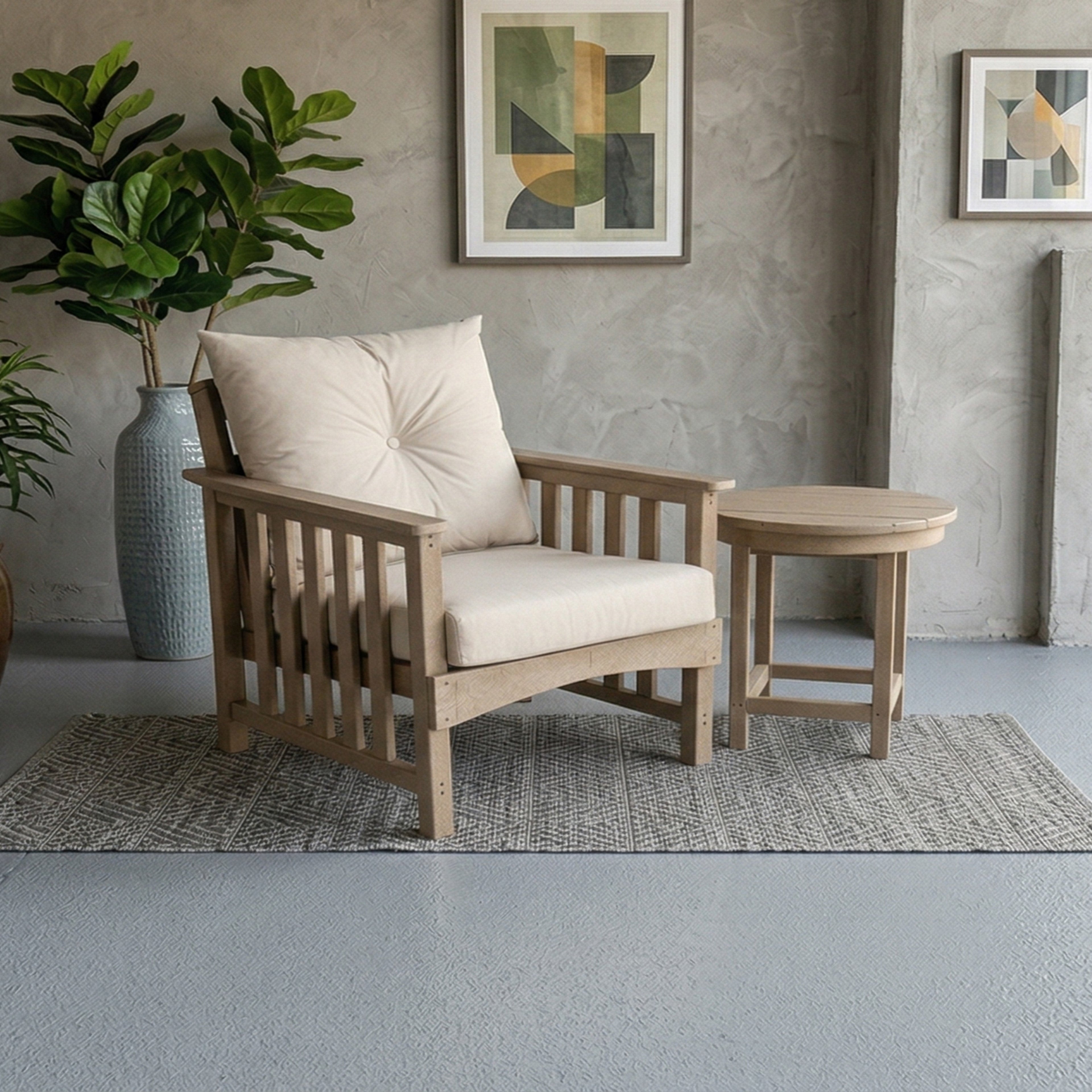 Deep seating outdoor furniture including sofa chairs and sofa set with cushions made from recycled plastic in a terrace setting