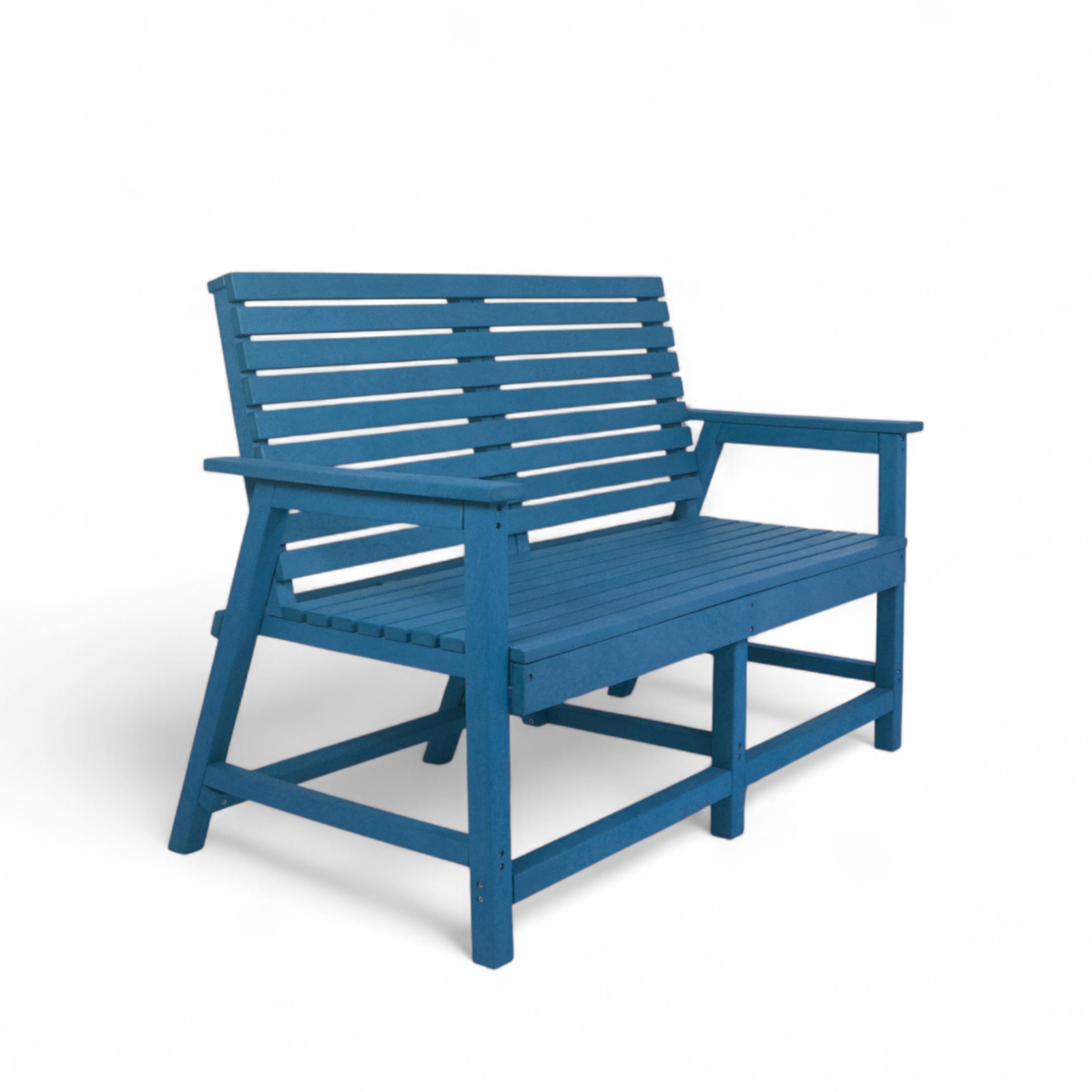 Patio eco 2 seater recycled plastic outdoor bench with backrest and armrest in pacific blue color