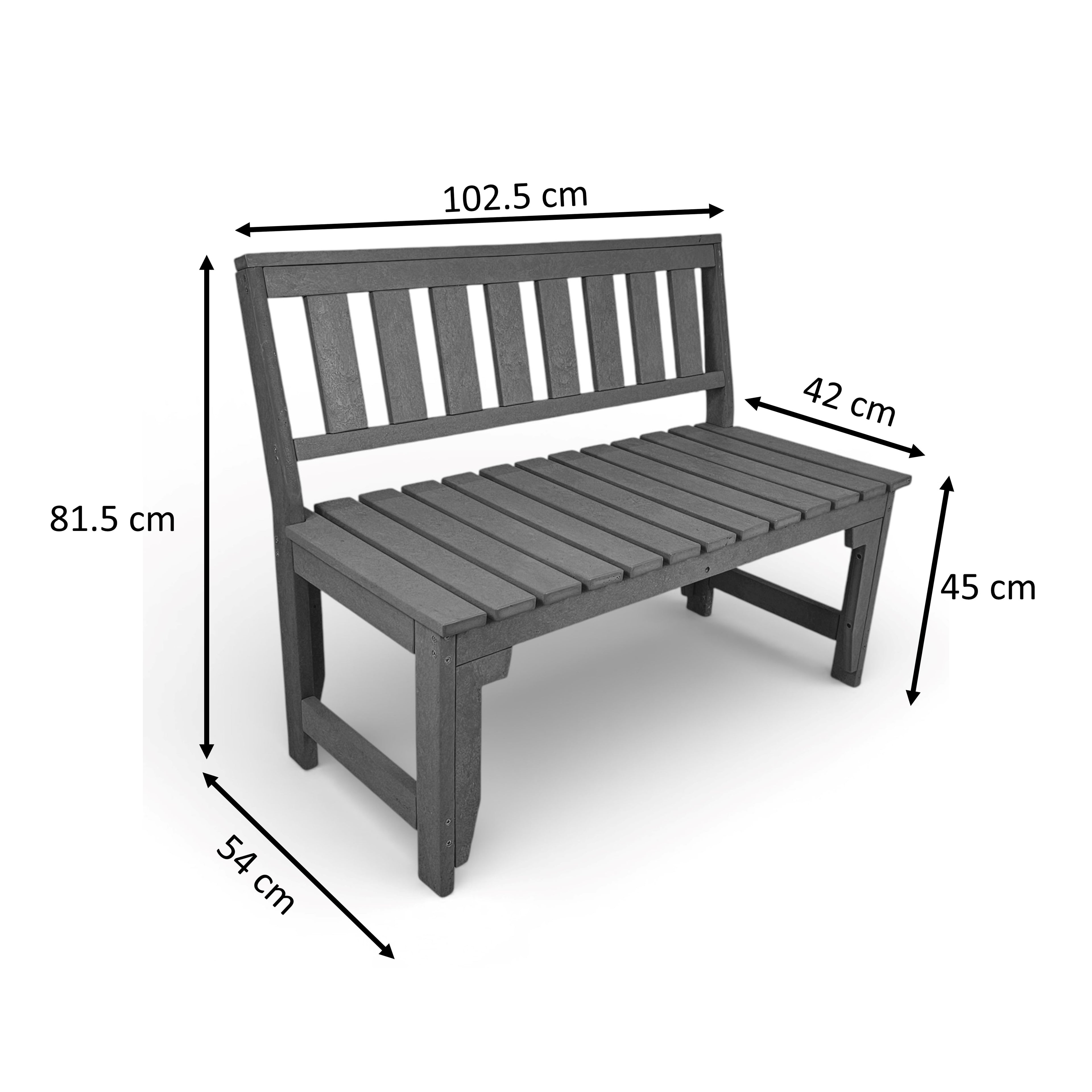 Dimension view of eco apex 2 seater recycled plastic outdoor bench with backrest