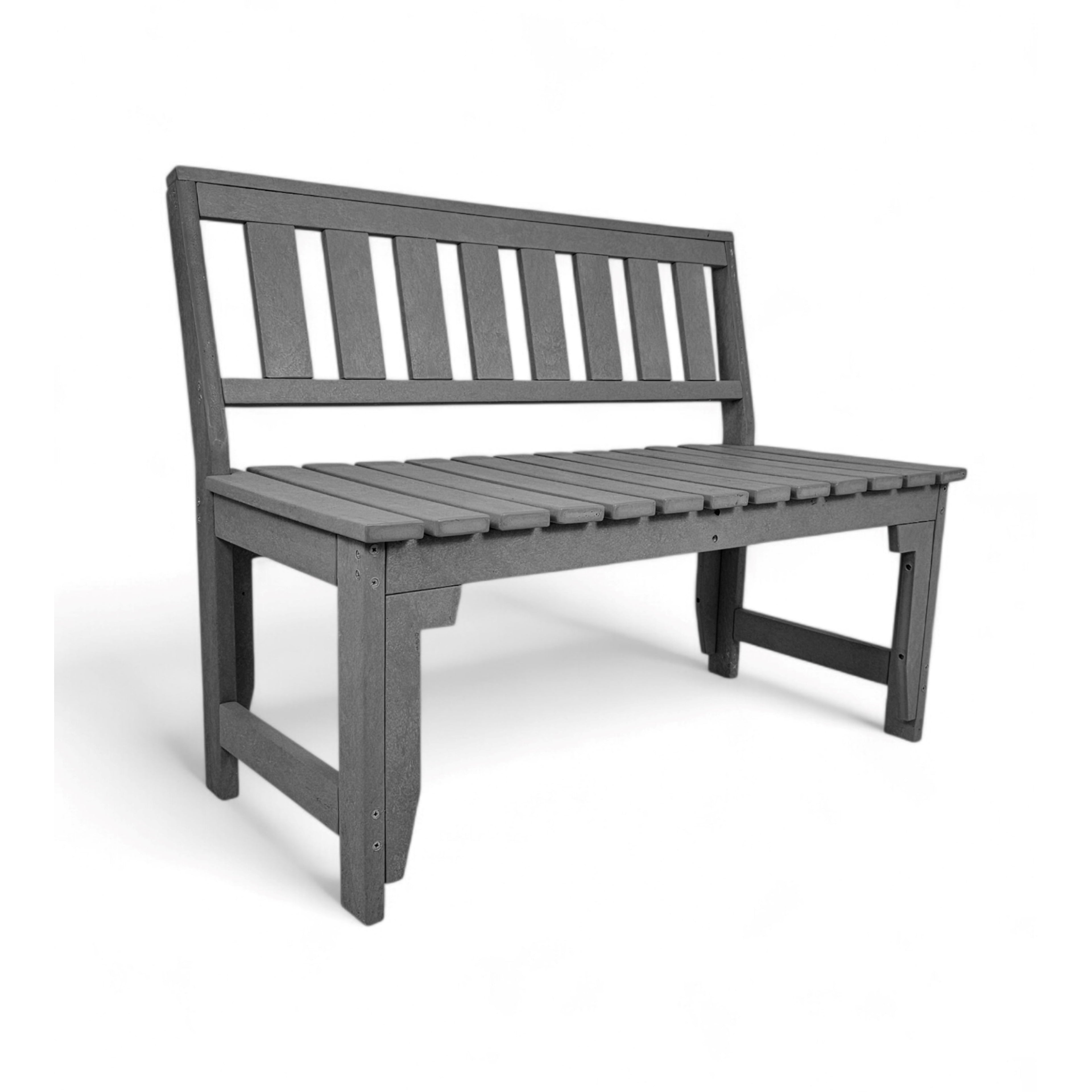 Isometric view of eco apex 2 seater recycled plastic outdoor bench with backrest