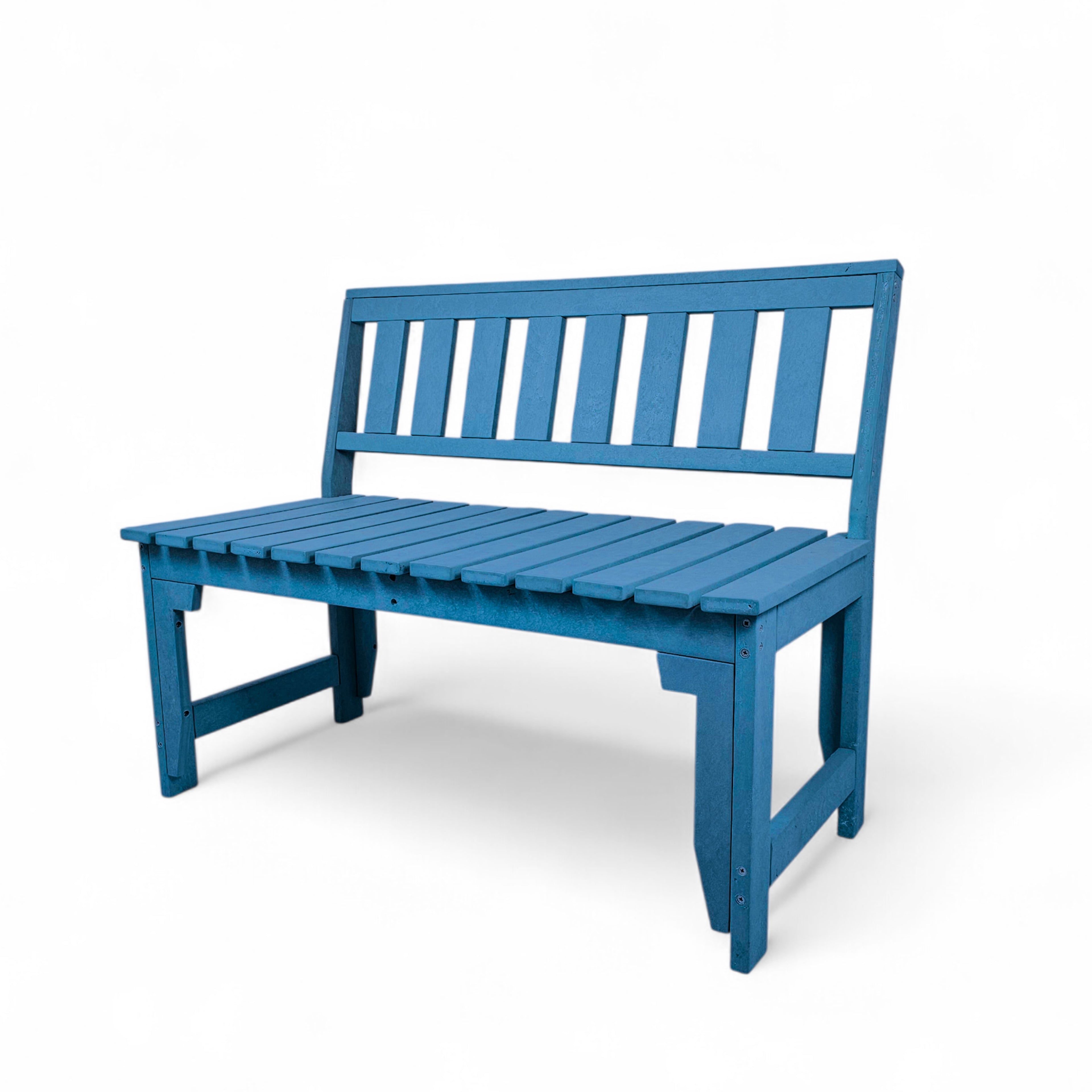 eco apex 2 seater recycled plastic bench with backrest in pacific blue color for patio and outdoor spaces