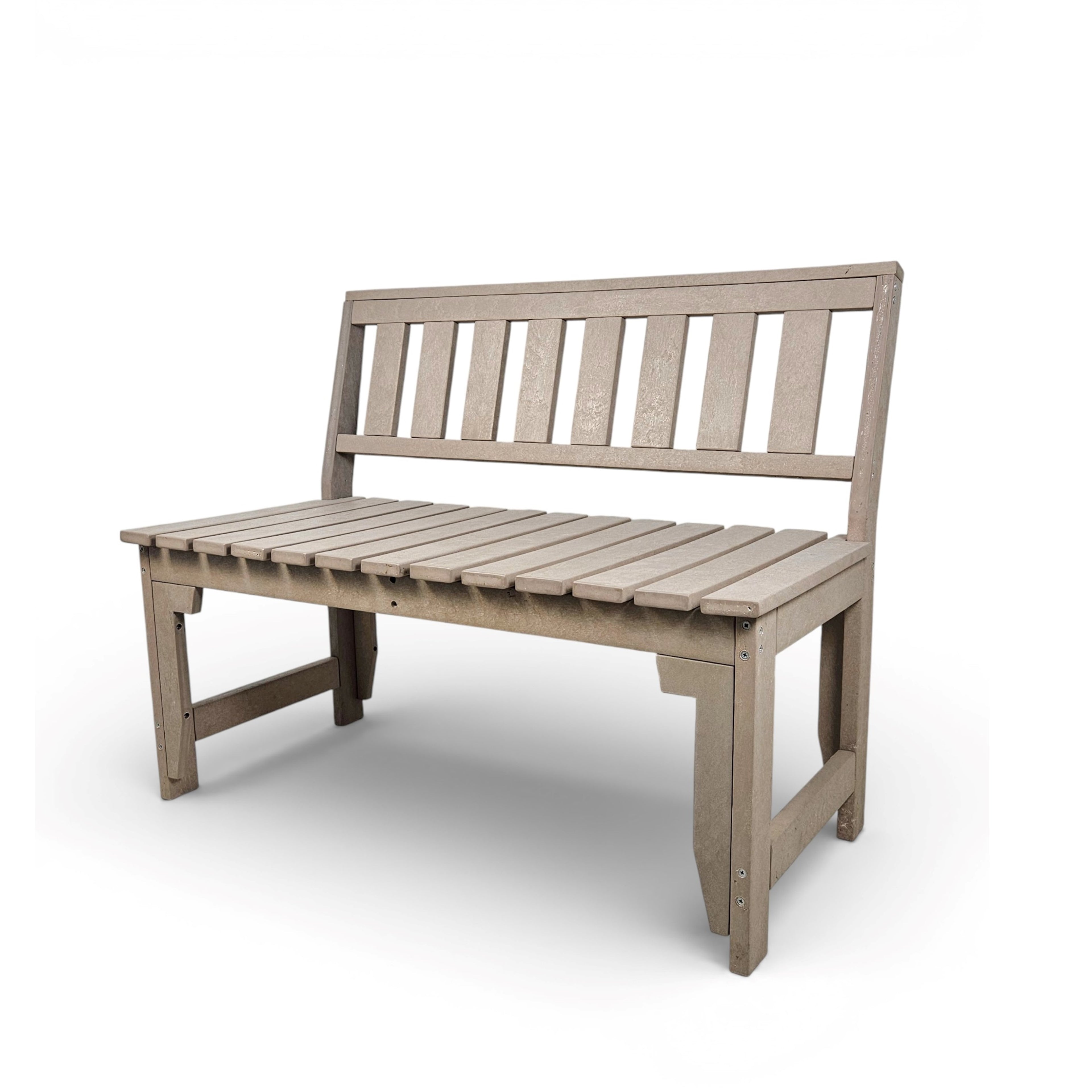 eco apex 2 seater recycled plastic bench with backrest in sand color for patio and outdoor spaces