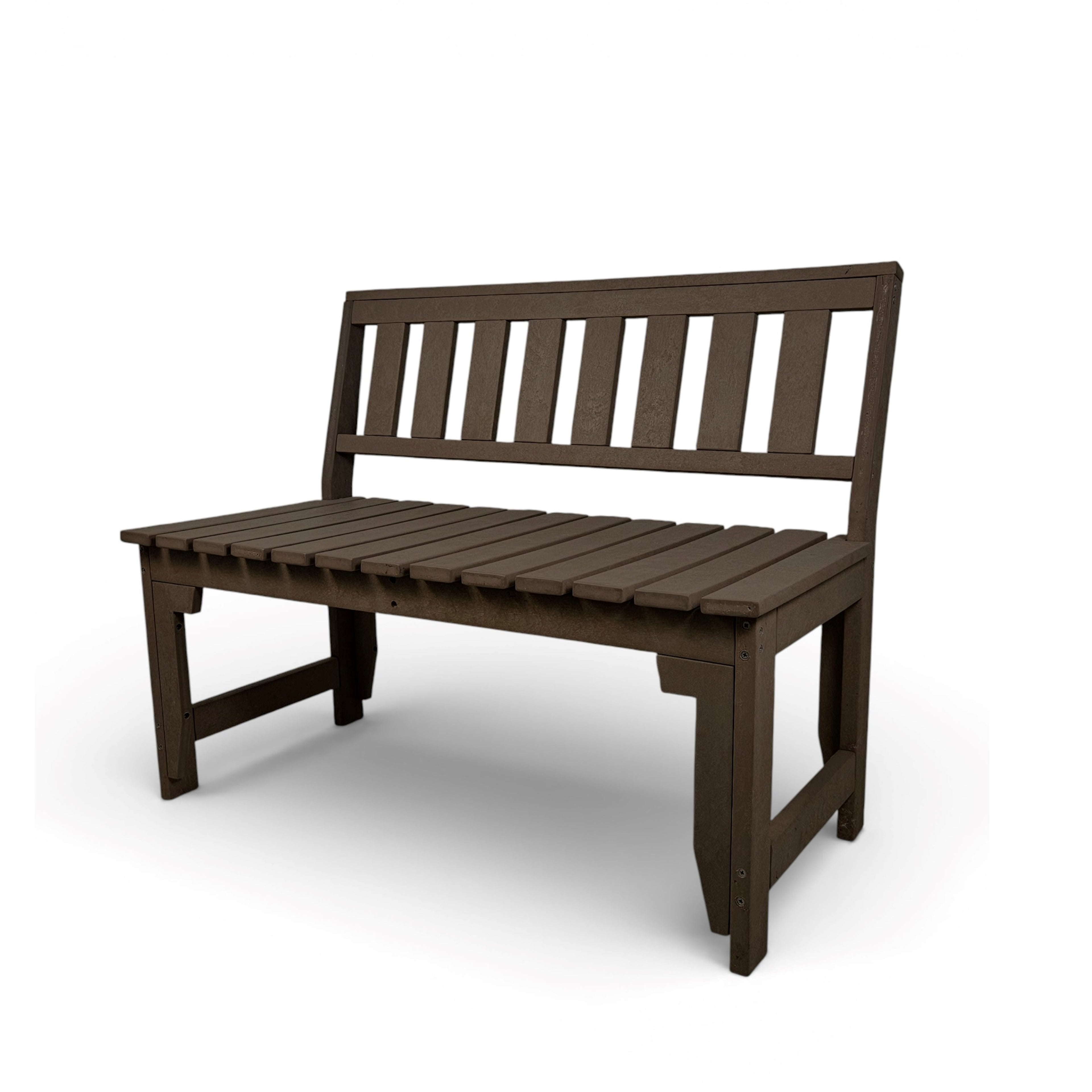 eco apex 2 seater recycled plastic bench with backrest in taupe brown color for patio and outdoor spaces