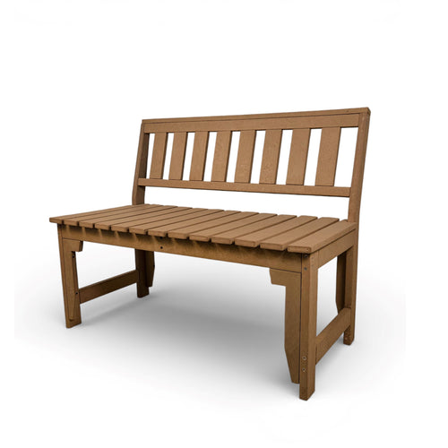 eco apex 2 seater recycled plastic bench with backrest in teak color for patio and outdoor spaces
