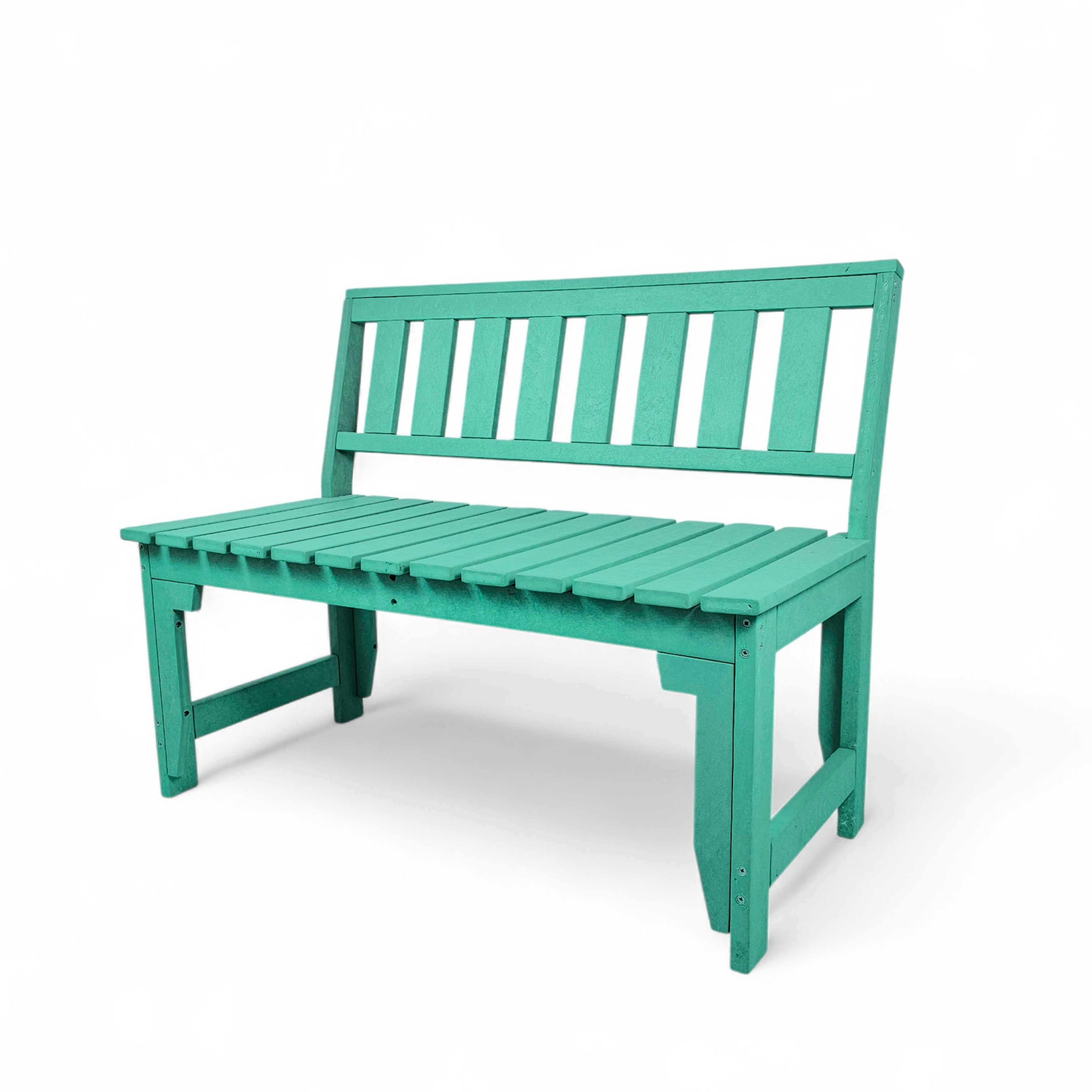 eco apex 2 seater recycled plastic bench with backrest in turquoise color for patio and outdoor spaces