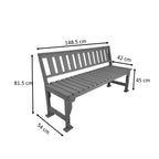 Dimension view of eco apex 3 seater recycled plastic outdoor bench with backrest