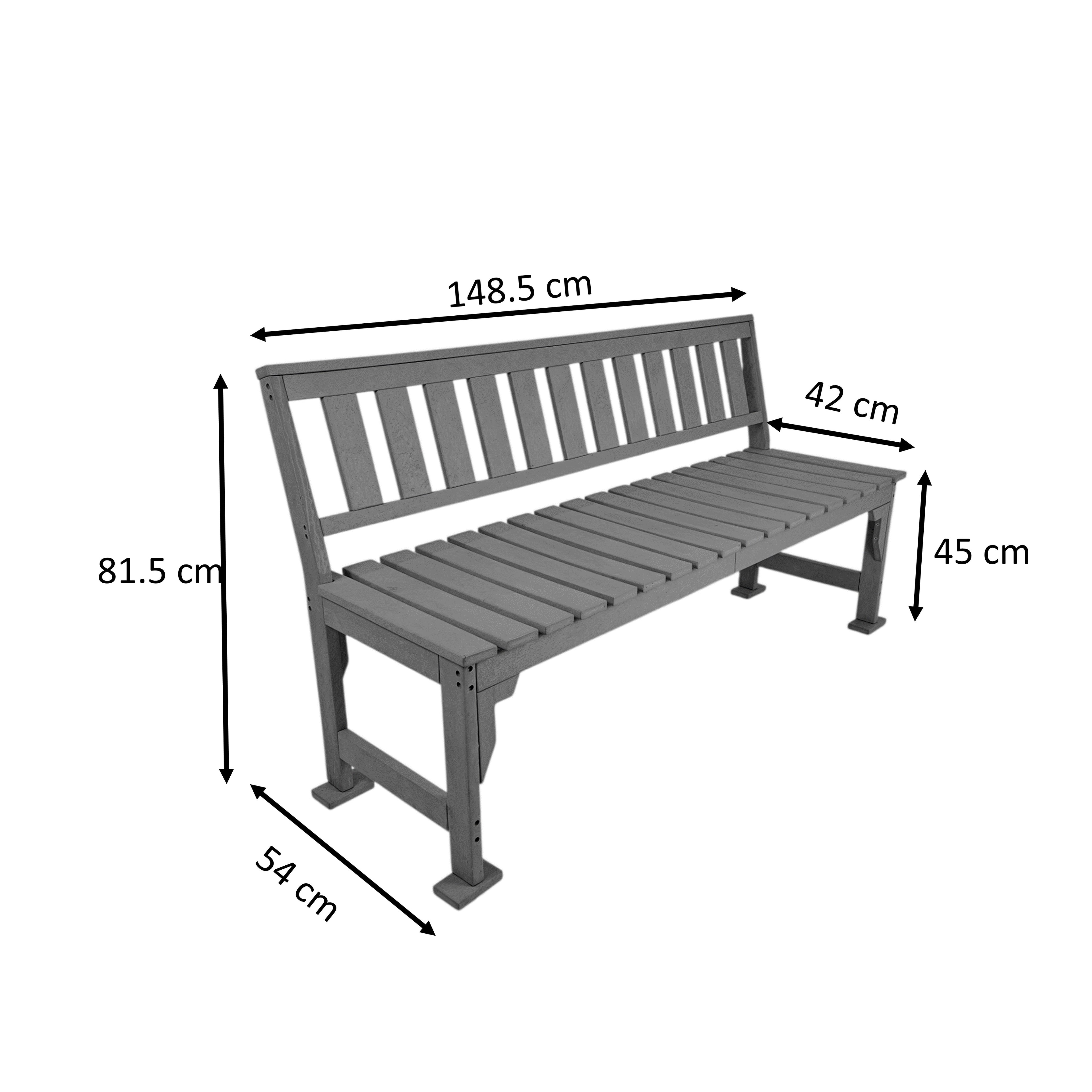 Dimension view of eco apex 3 seater recycled plastic outdoor bench with backrest