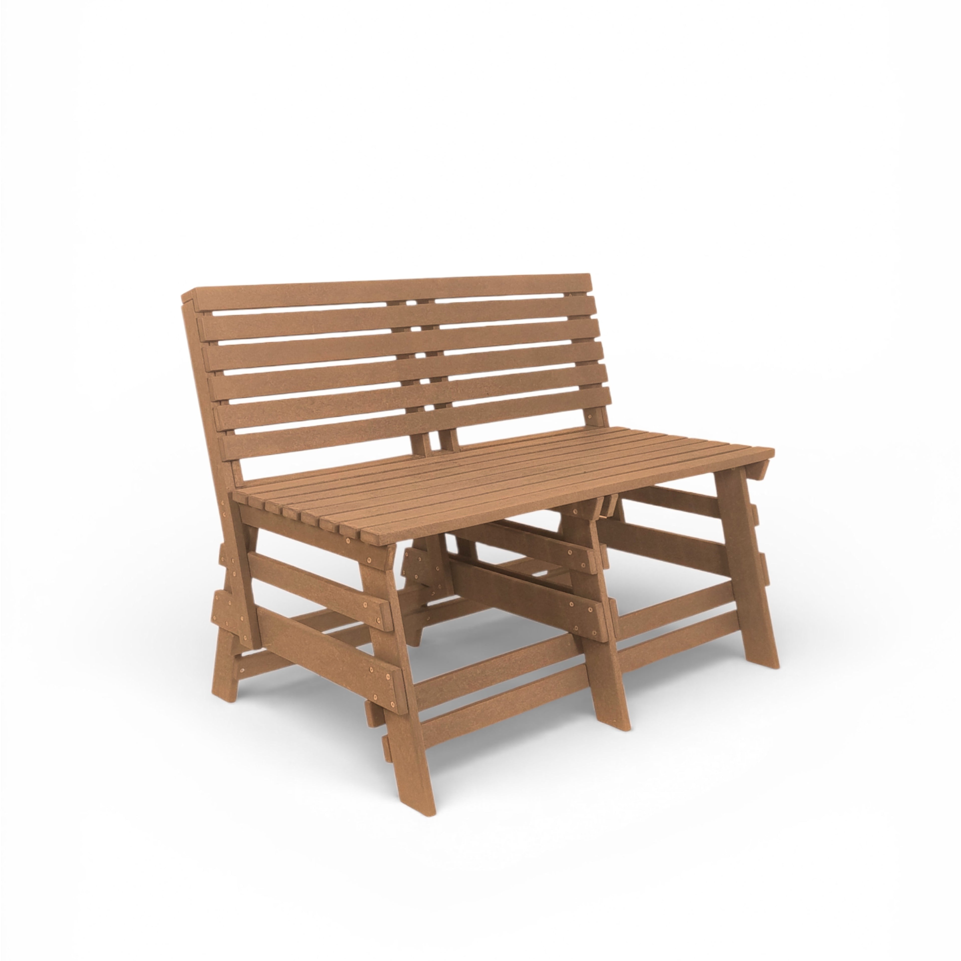 eco classic 2 seater recycled plastic bench with backrest in teak color for patio and outdoor spaces