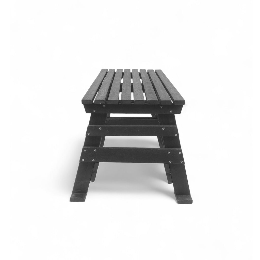 Side view of eco classic 2 seater recycled plastic outdoor bench without backrest 