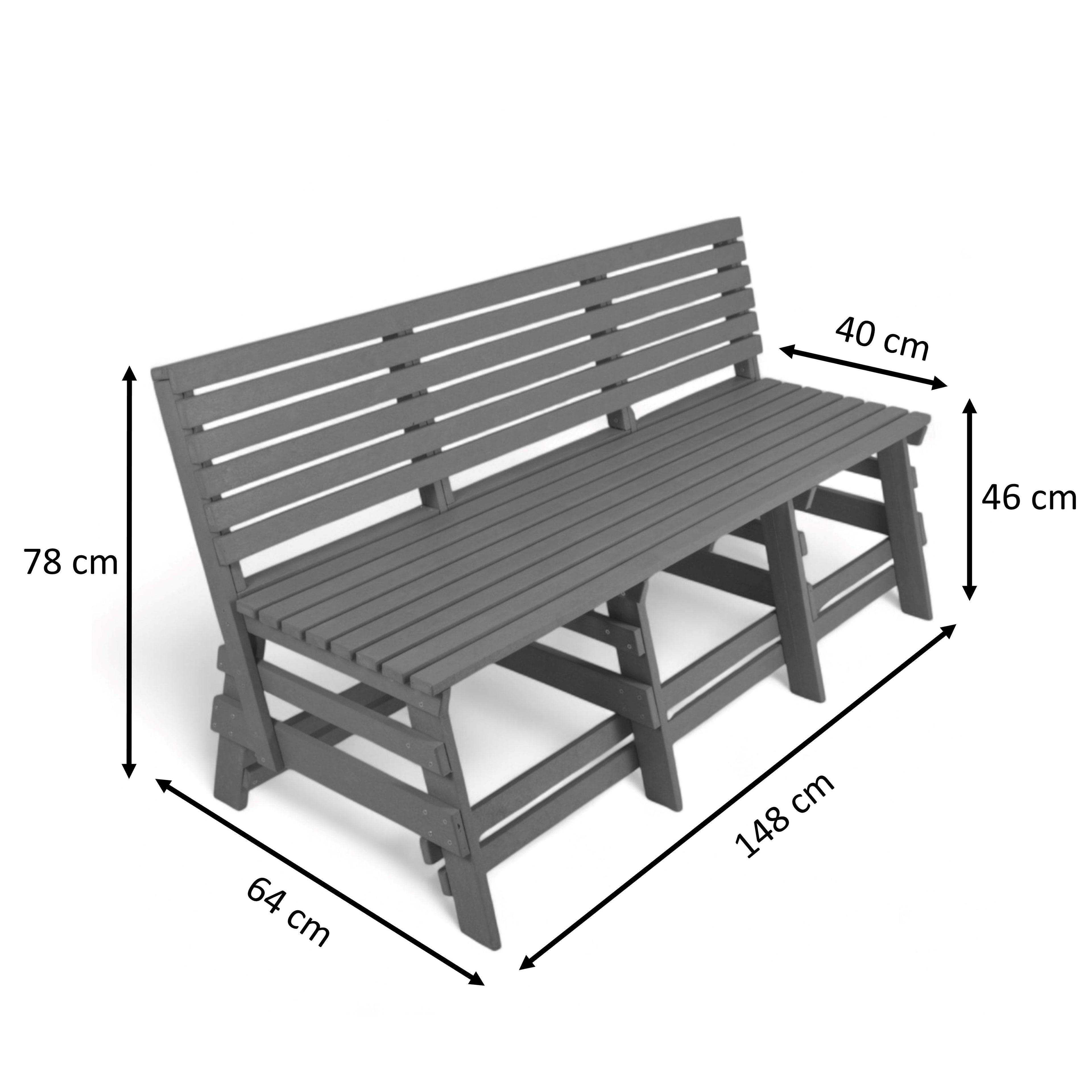 Dimension view of eco classic 3 seater outdoor bench with backrest made from plastic waste