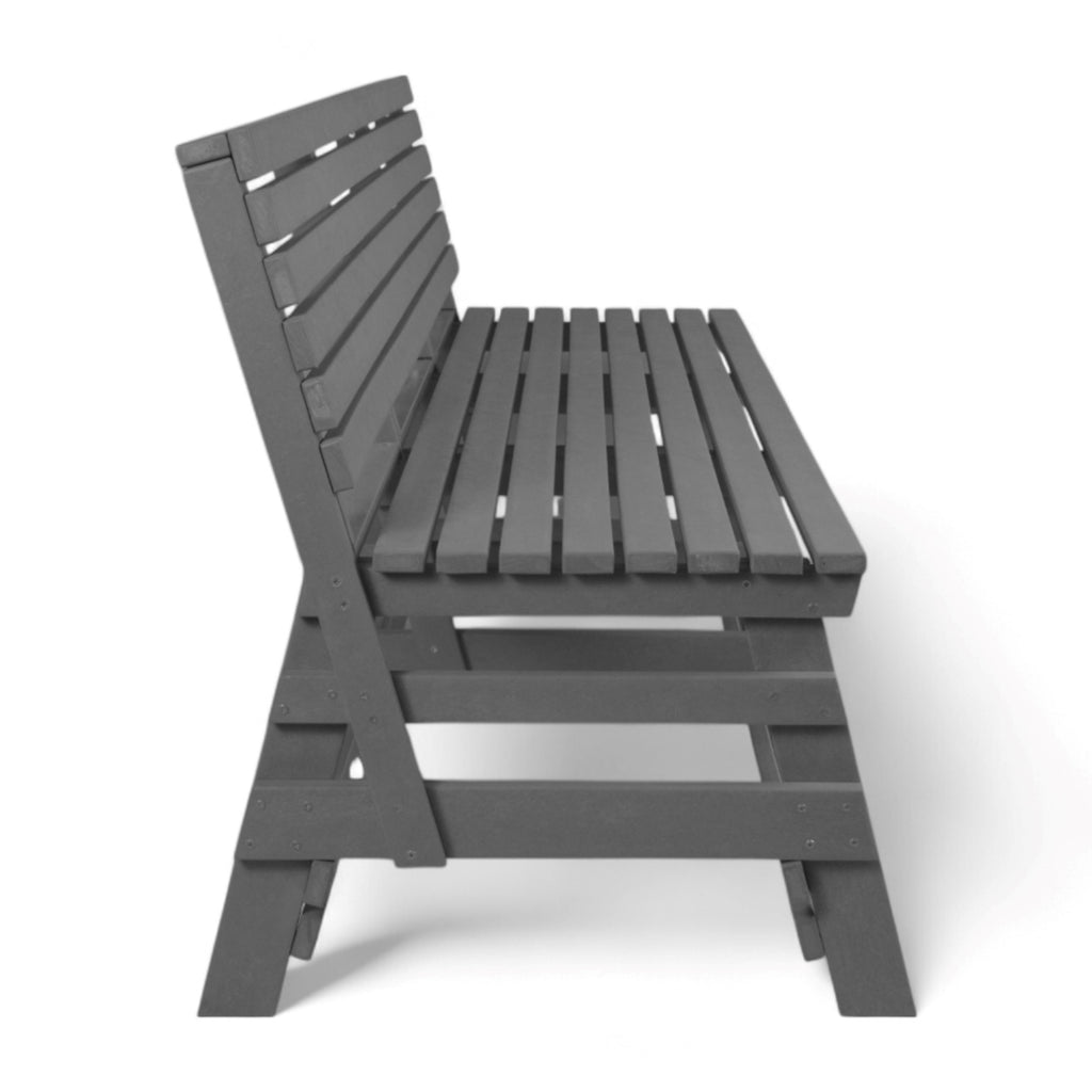 side view of eco classic 3 seater outdoor bench with backrest made from plastic waste
