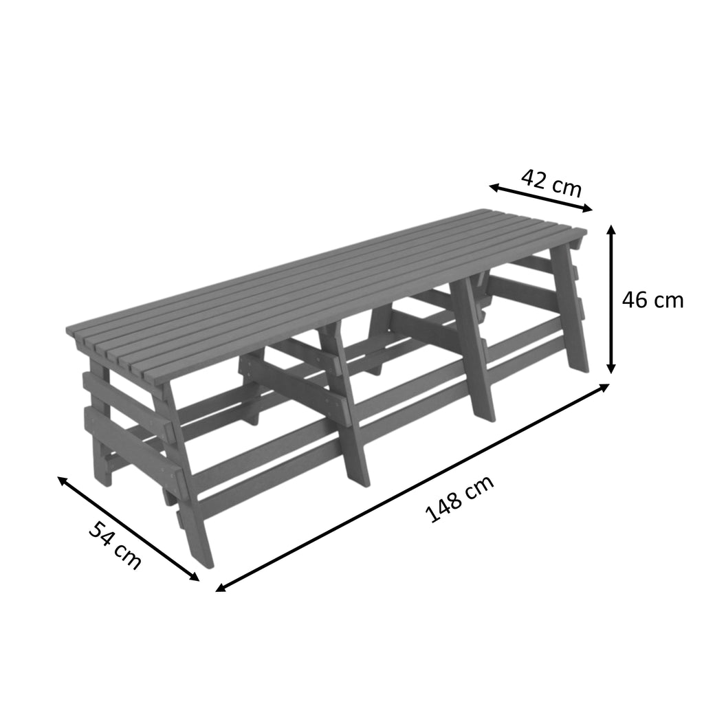 dimension view of eco classic 3 seater outdoor bench without backrest made from plastic waste