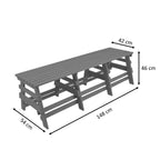 dimension view of eco classic 3 seater outdoor bench without backrest made from plastic waste