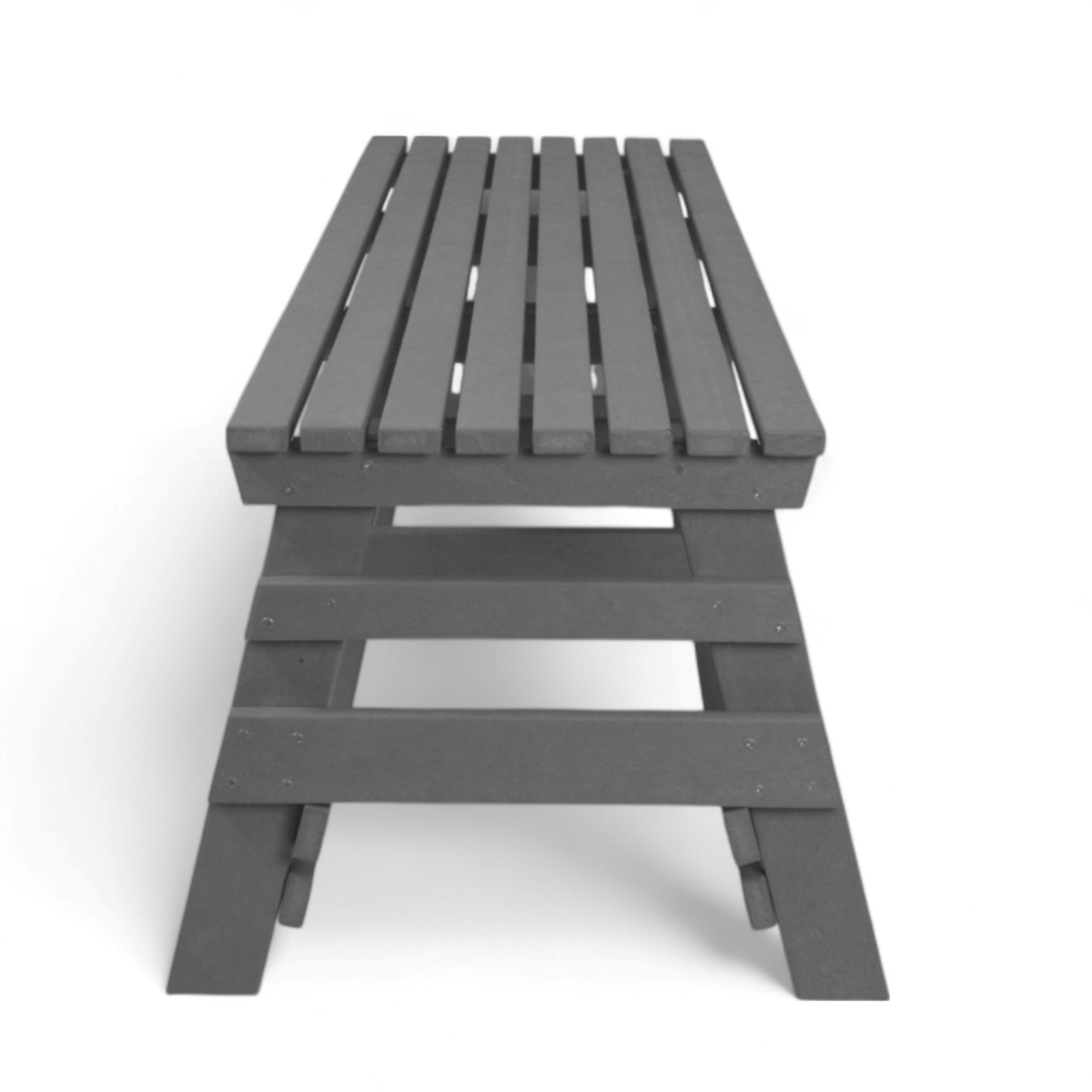 side view of eco classic 3 seater outdoor bench without backrest made from plastic waste