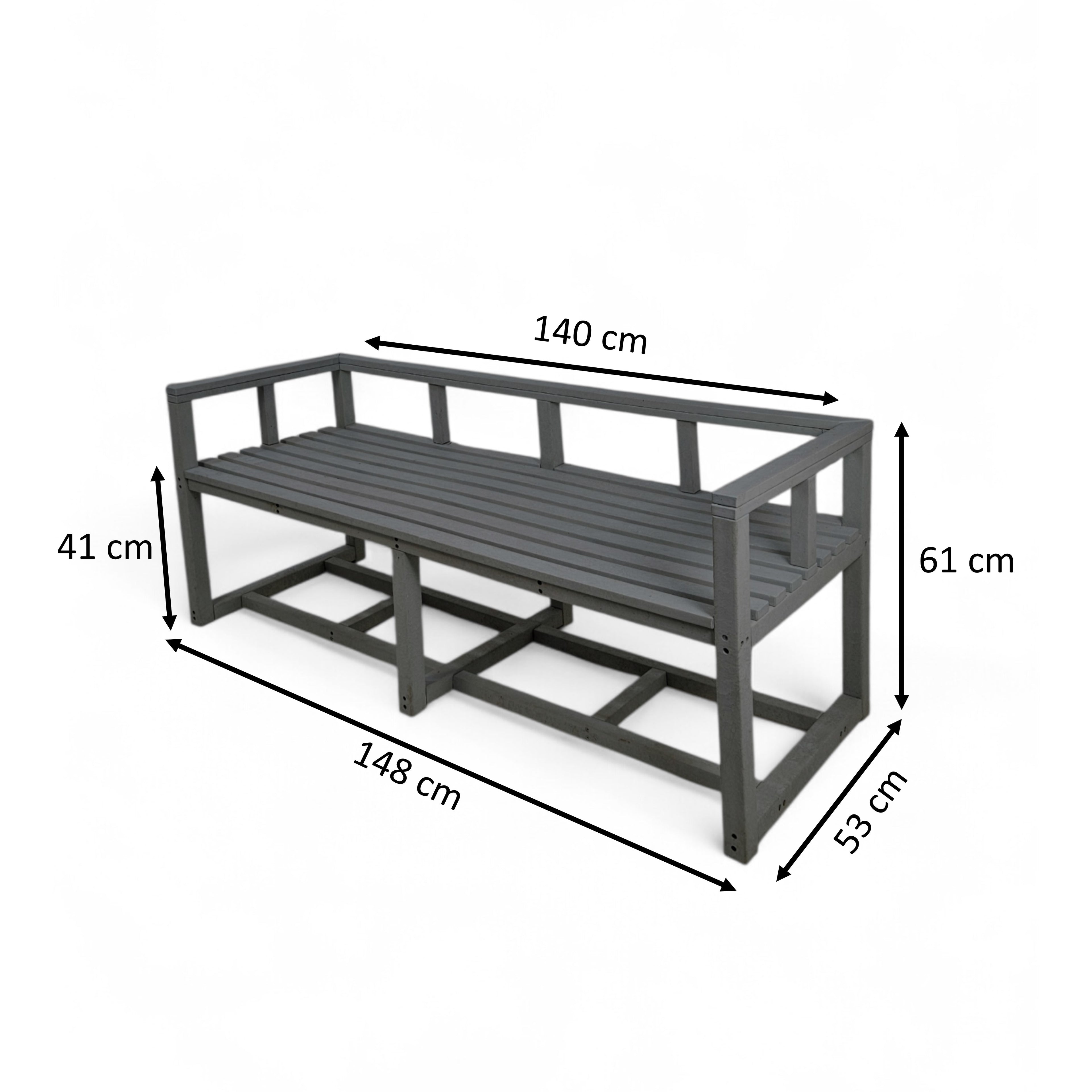 dimension view of eco elite 3 seater outdoor bench made from plastic waste