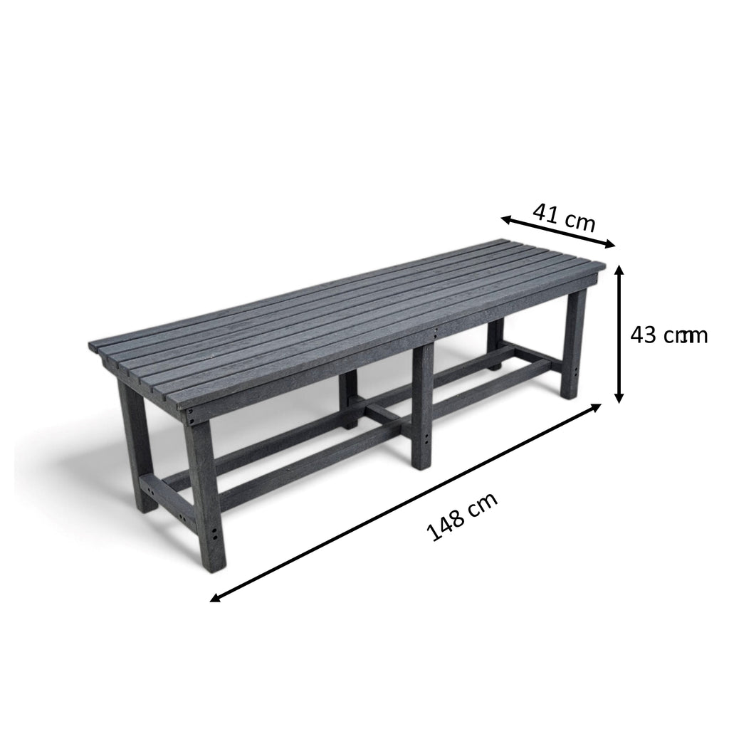 dimension view of eco farmhouse 3 seater bench without backrest made from plastic waste