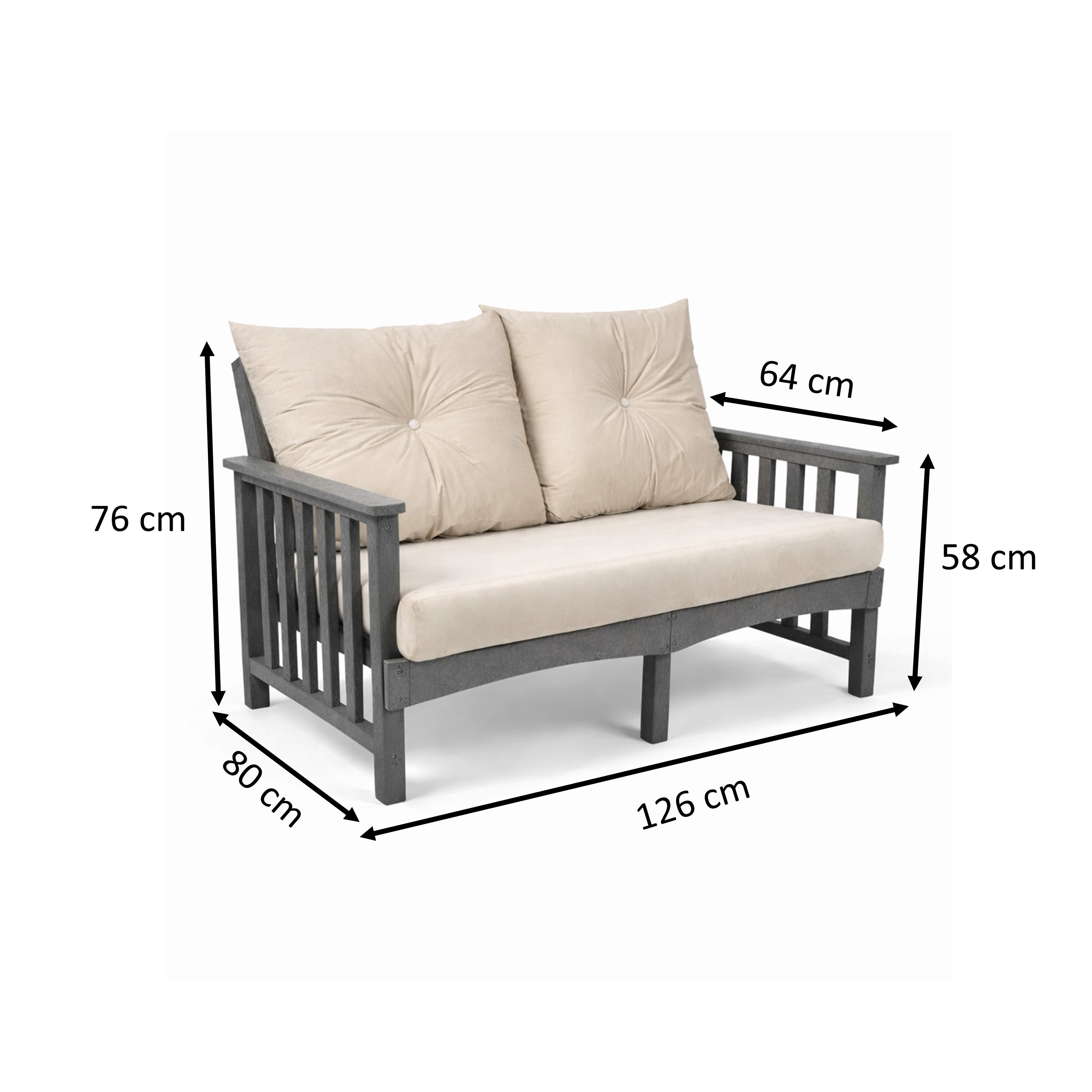 Dimension view of eco lounge outdoor 2 seater deep seating sofa with cushions made from recycled plastic