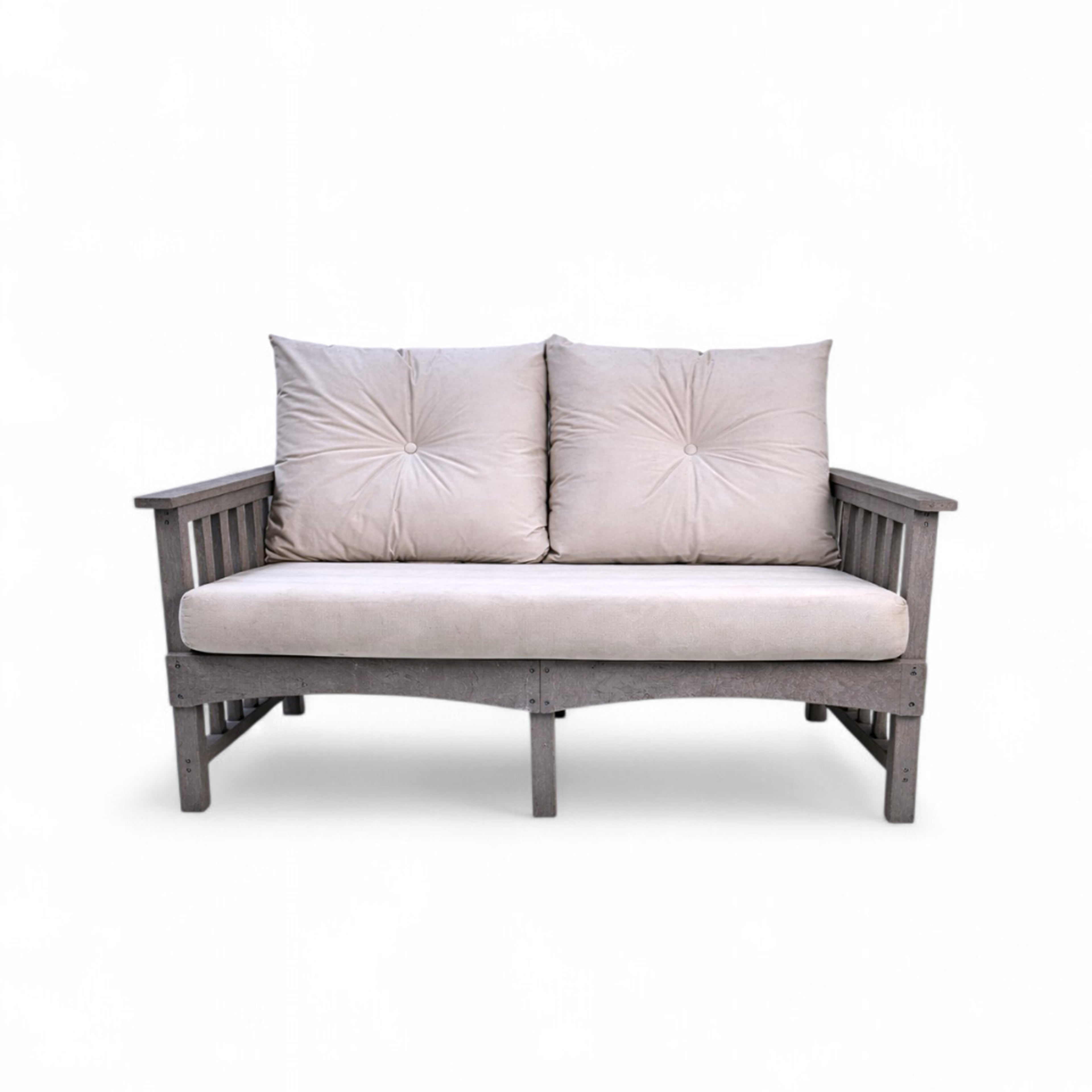 front view of eco lounge outdoor 2 seater deep seating sofa with cushions made from recycled plastic