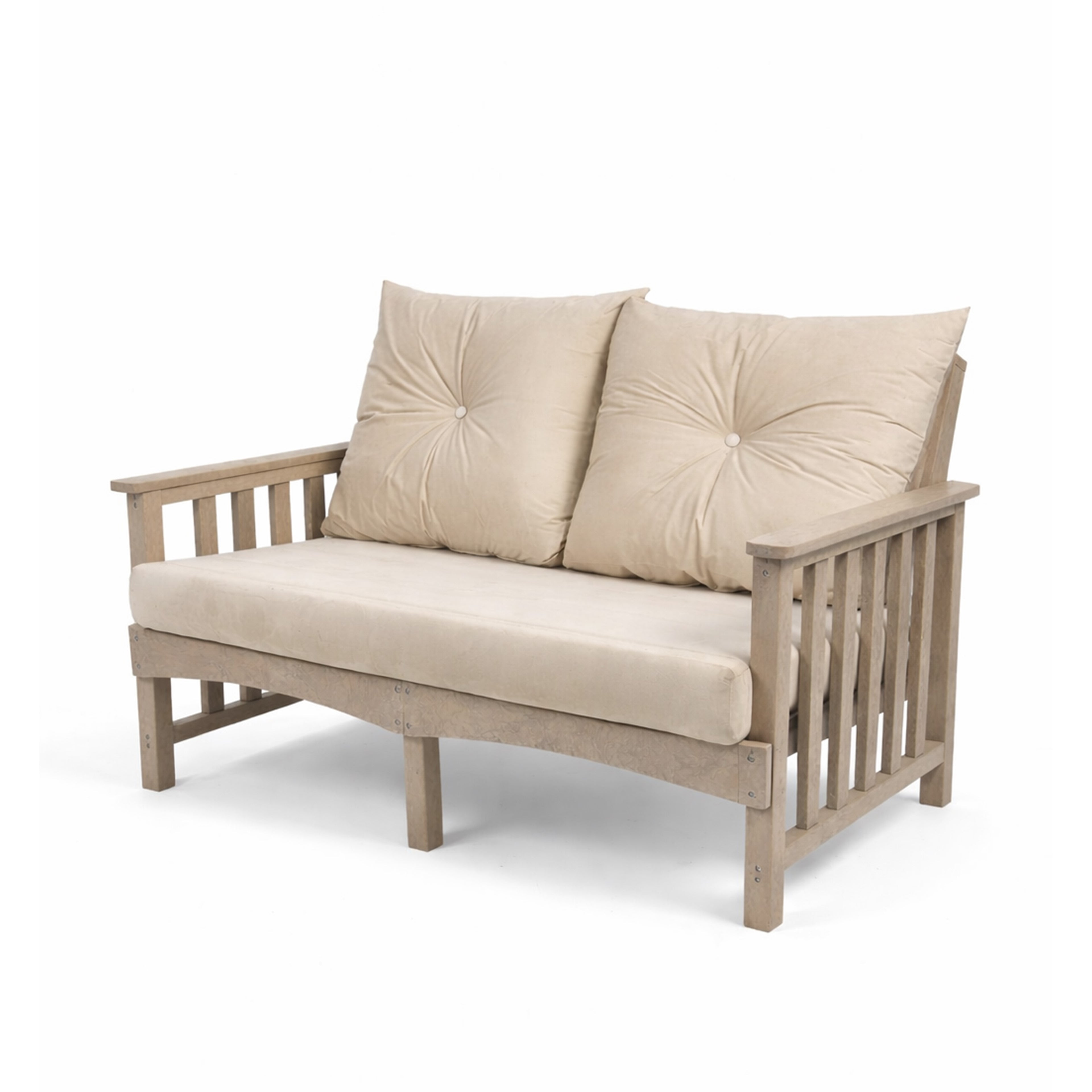 eco lounge 2 seater recycled plastic outdoor deep seating sofa with cushion in sand color for patio and outdoor spaces