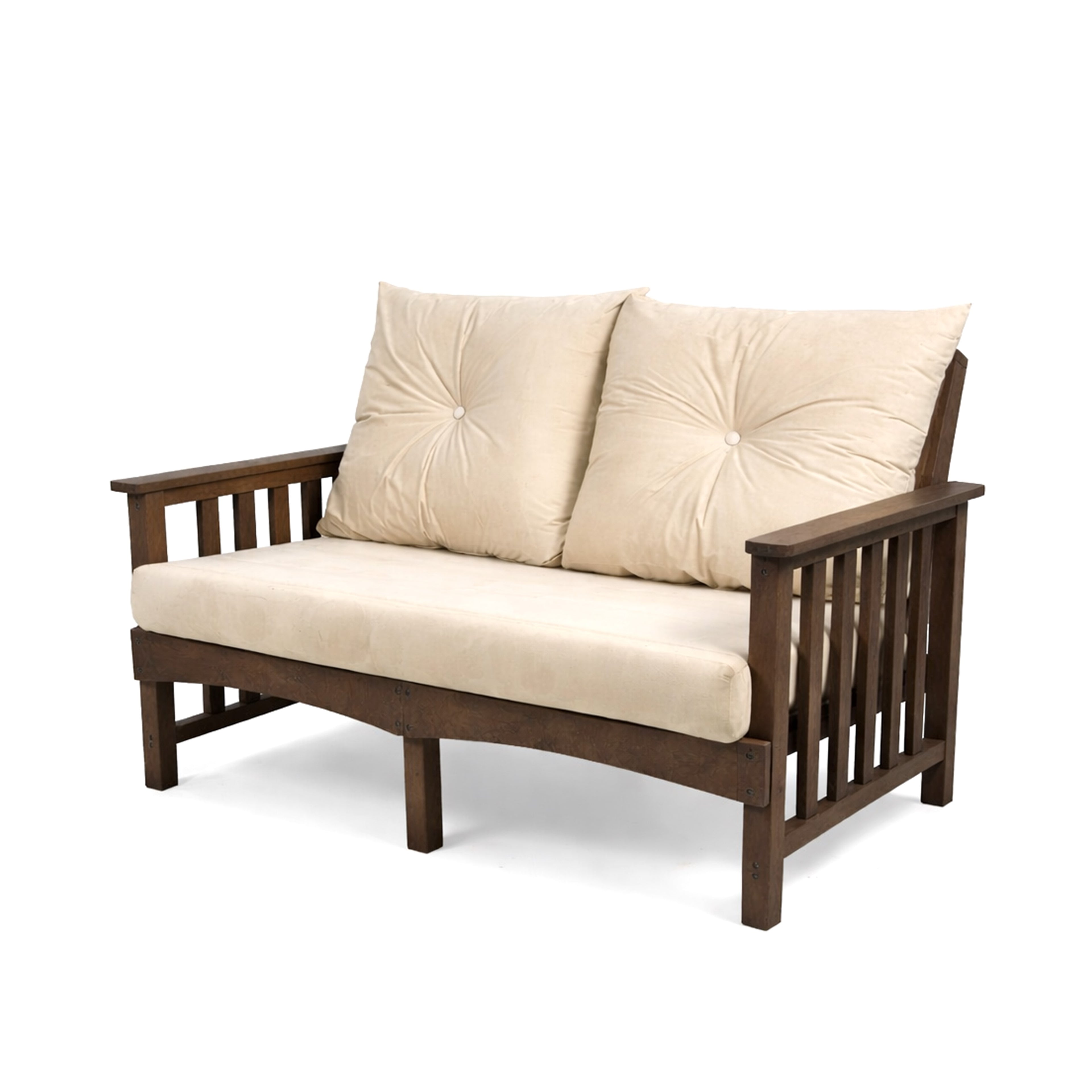eco lounge 2 seater recycled plastic outdoor deep seating sofa with cushion in taupe brown color for patio and outdoor spaces