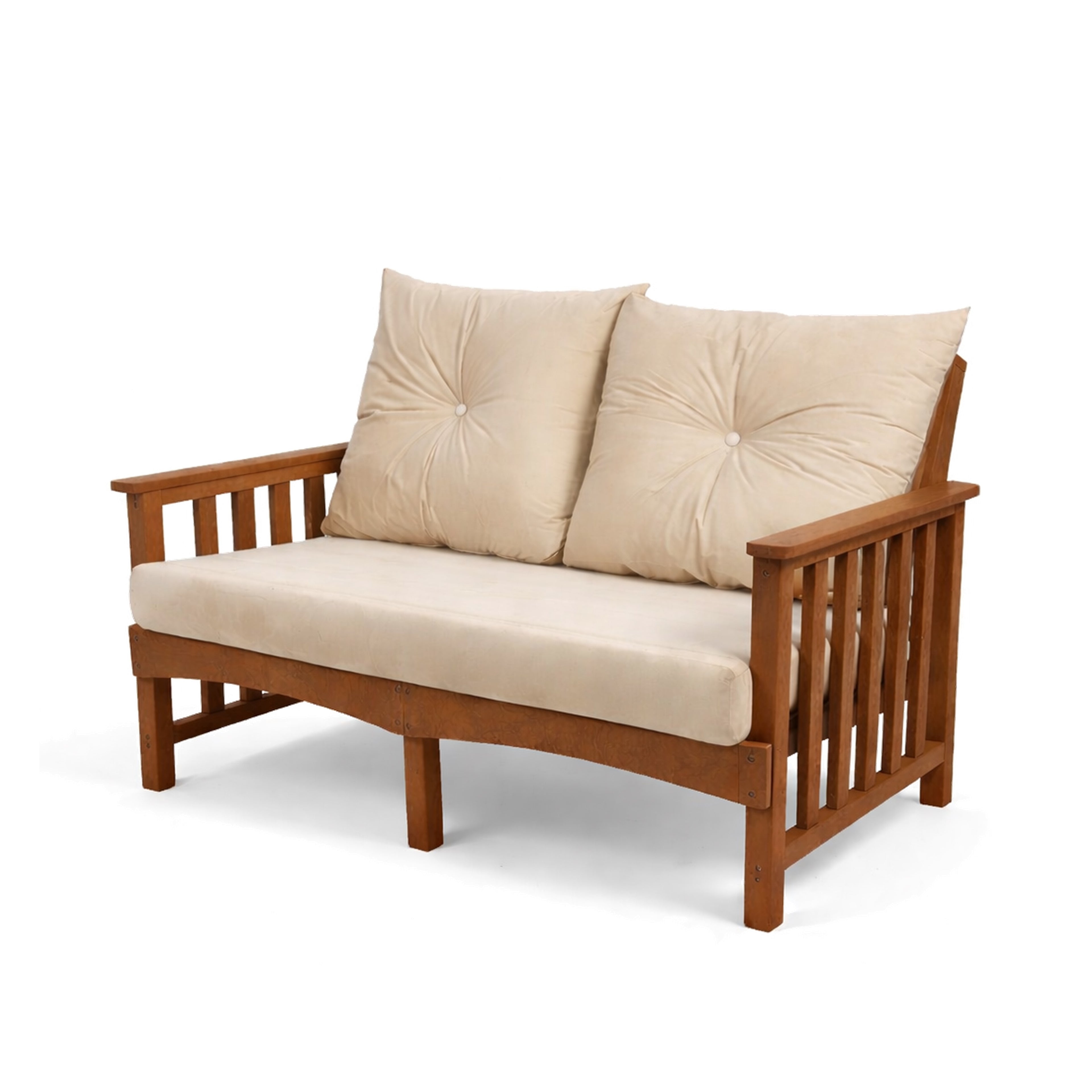 eco lounge 2 seater recycled plastic outdoor deep seating sofa with cushion in teak color for patio and outdoor spaces