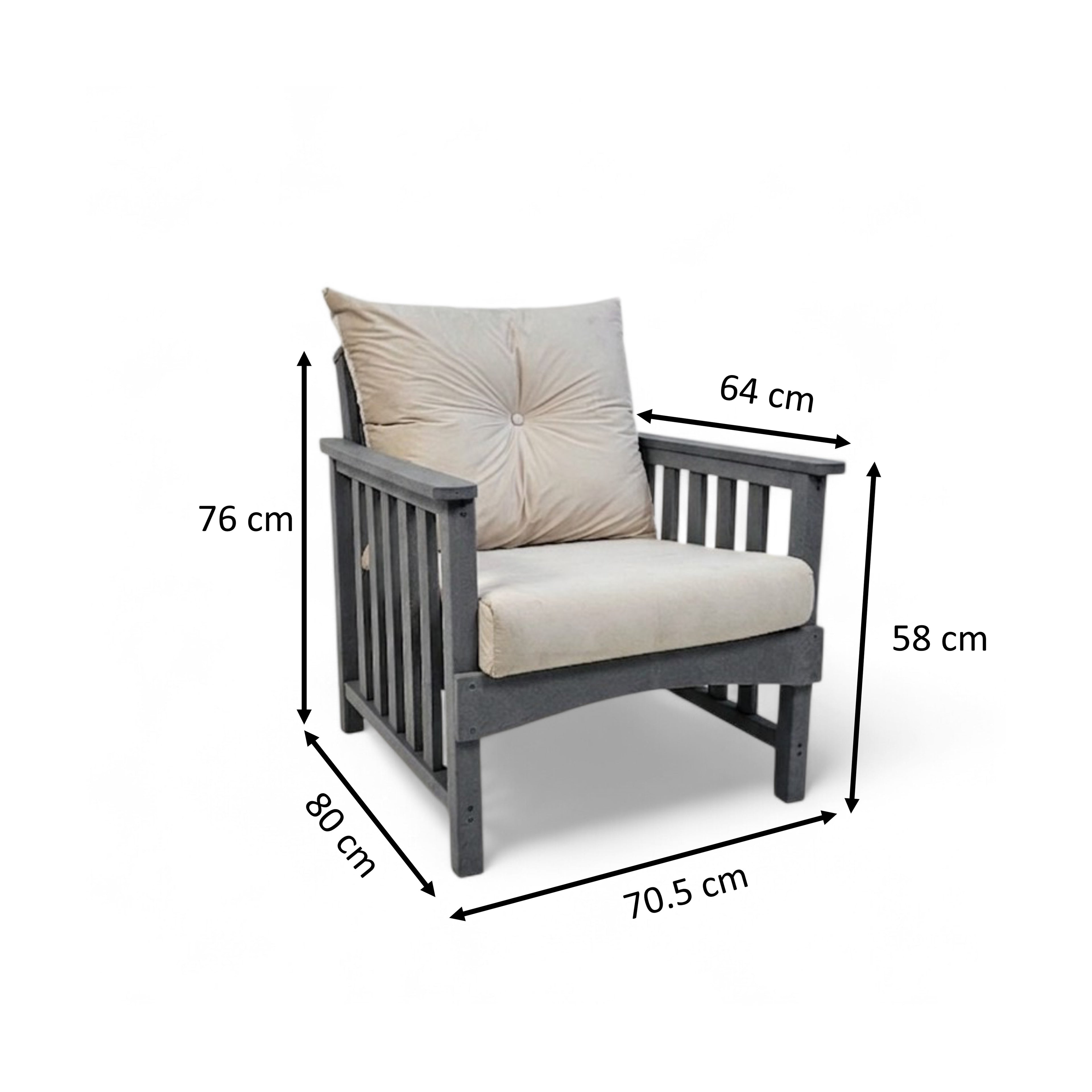 Dimension view of eco lounge outdoor deep seating sofa chair with cushions made from recycled plastic