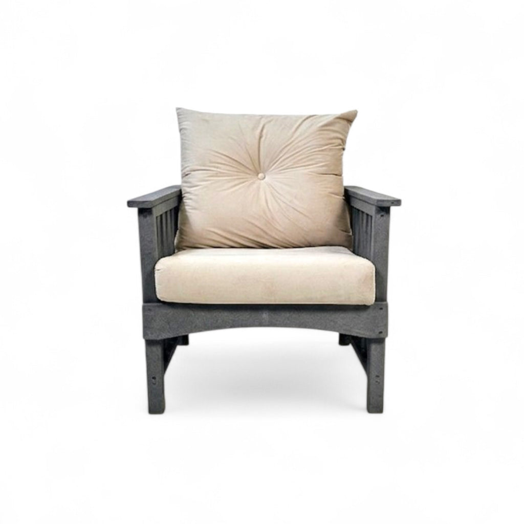 Front view of eco lounge outdoor deep seating sofa chair with cushions made from recycled plastic