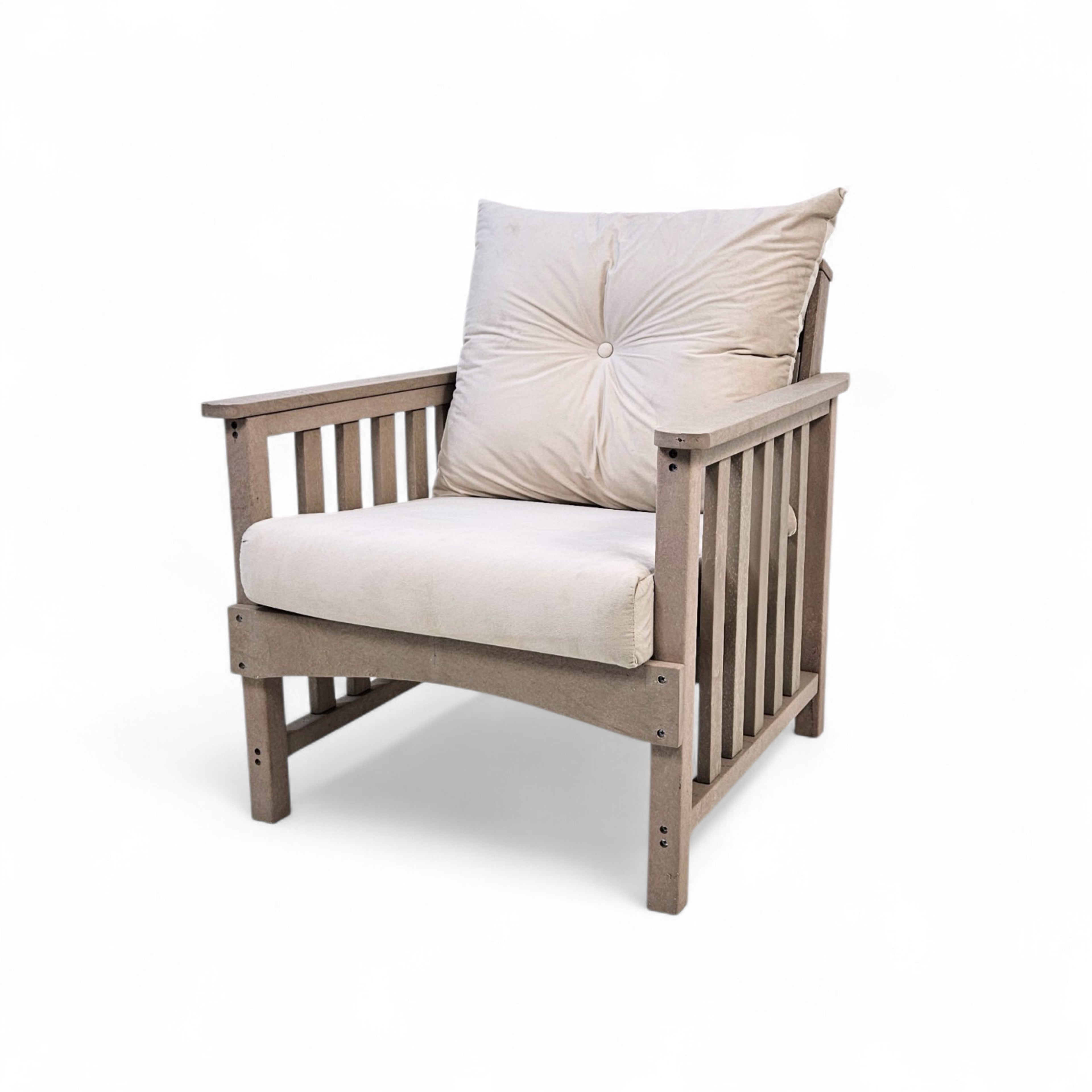 eco lounge recycled plastic outdoor deep seating sofa chair with cushion in sand color for patio and outdoor spaces