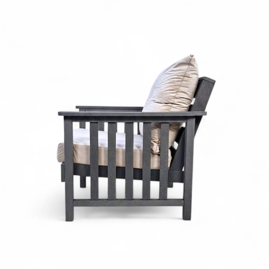 side view of eco lounge outdoor deep seating sofa chair with cushions made from recycled plastic