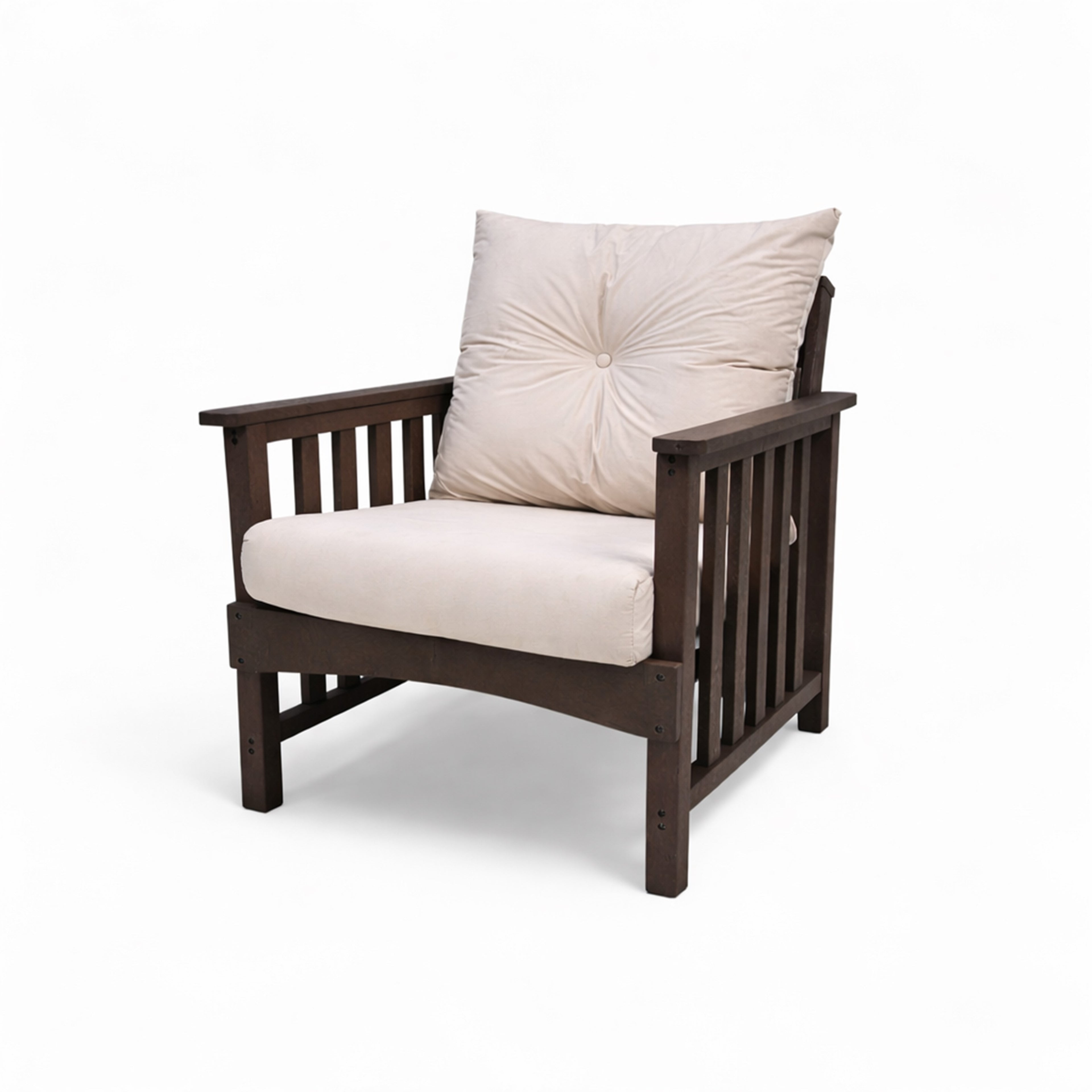 eco lounge recycled plastic outdoor deep seating sofa chair with cushion in taupe brown color for patio and outdoor spaces