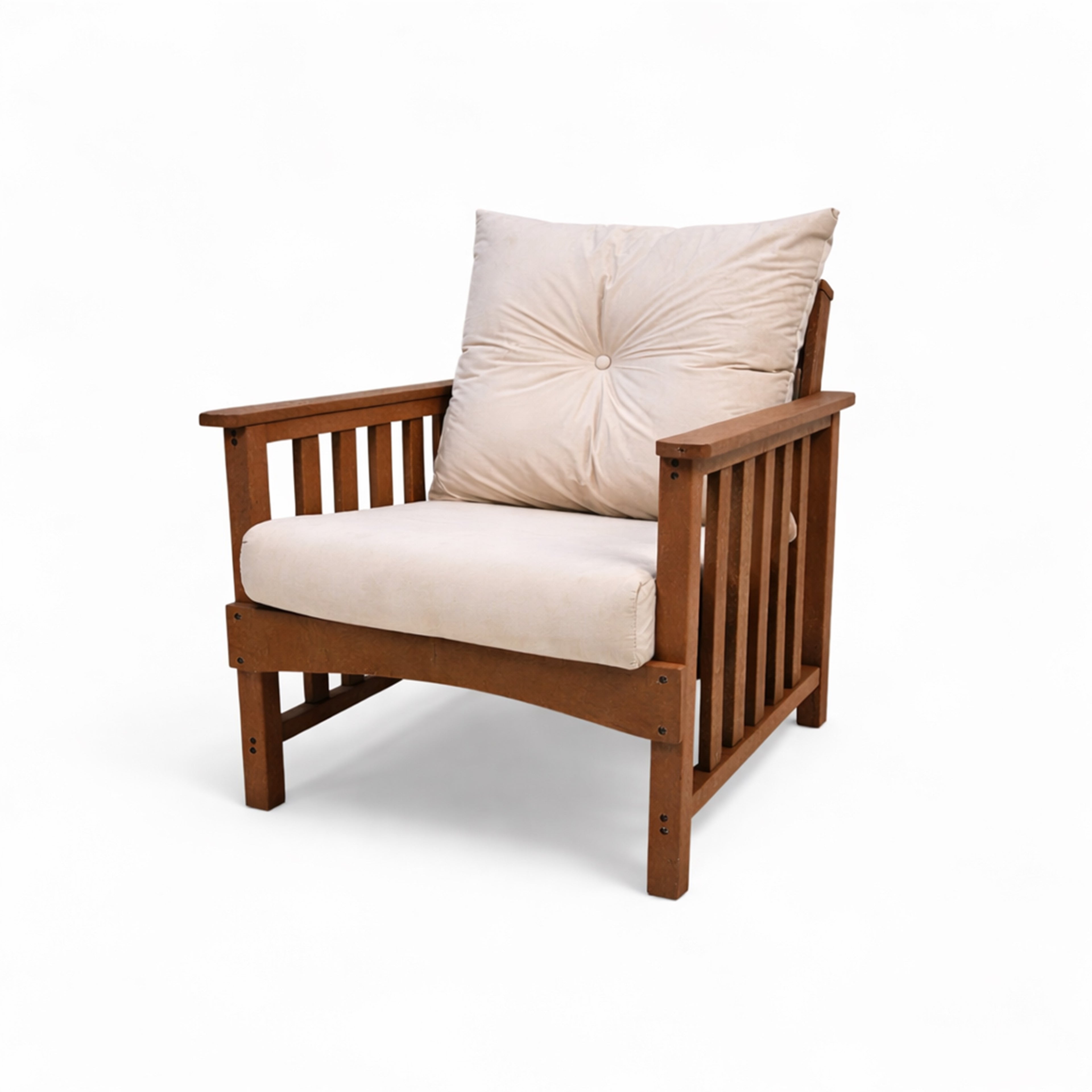 eco lounge recycled plastic outdoor deep seating sofa chair with cushion in teak color for patio and outdoor spaces