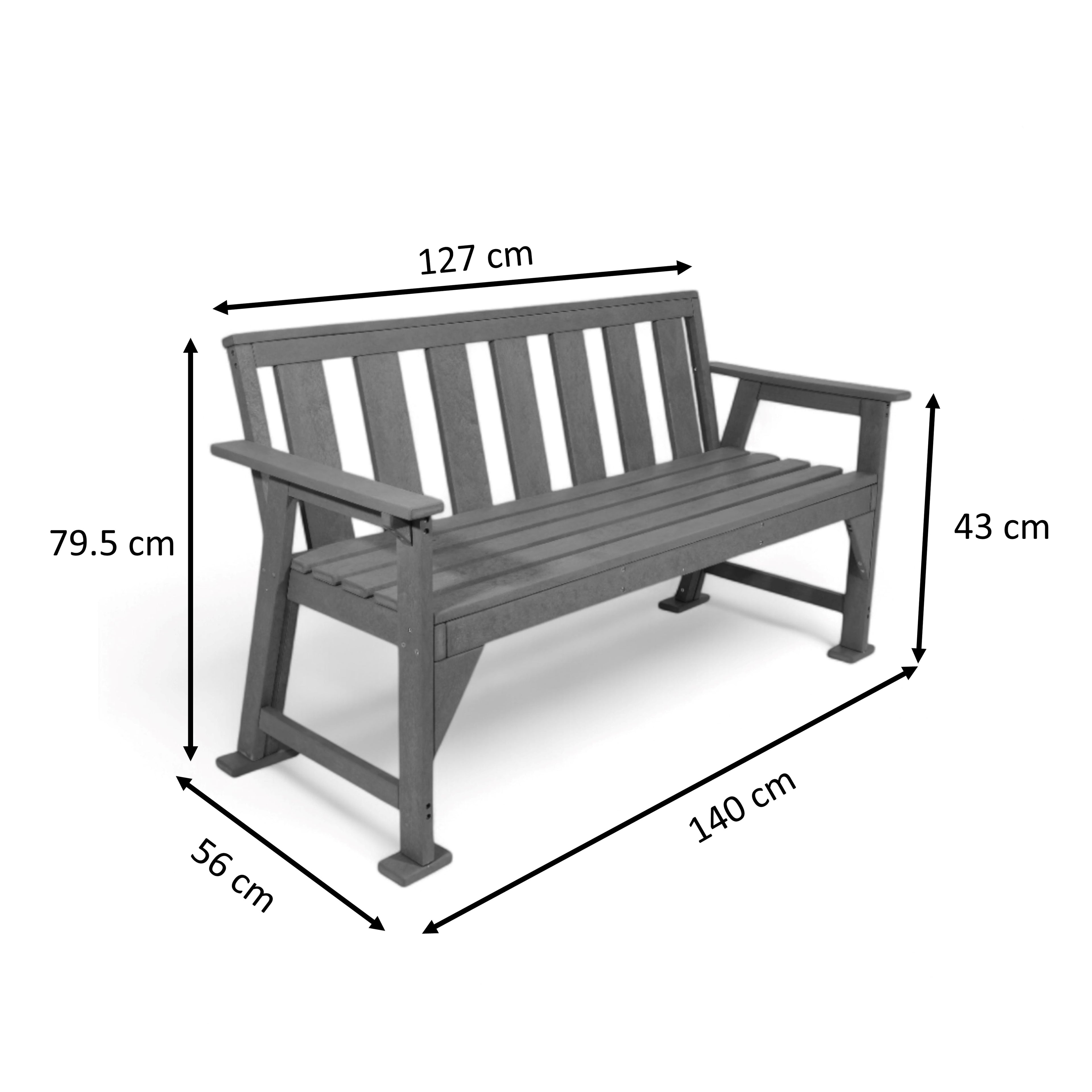 dimension view of eco urban 3 seater outdoor bench with backrest and armrest made from plastic waste