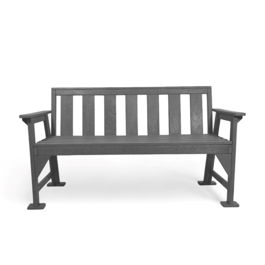 front view of eco urban 3 seater outdoor bench with backrest and armrest made from plastic waste