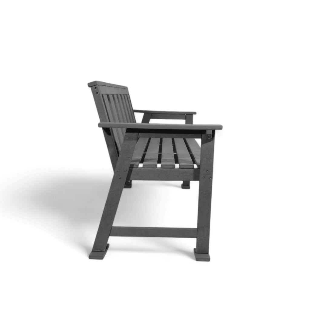 side view of eco urban 3 seater outdoor bench with backrest and armrest made from plastic waste