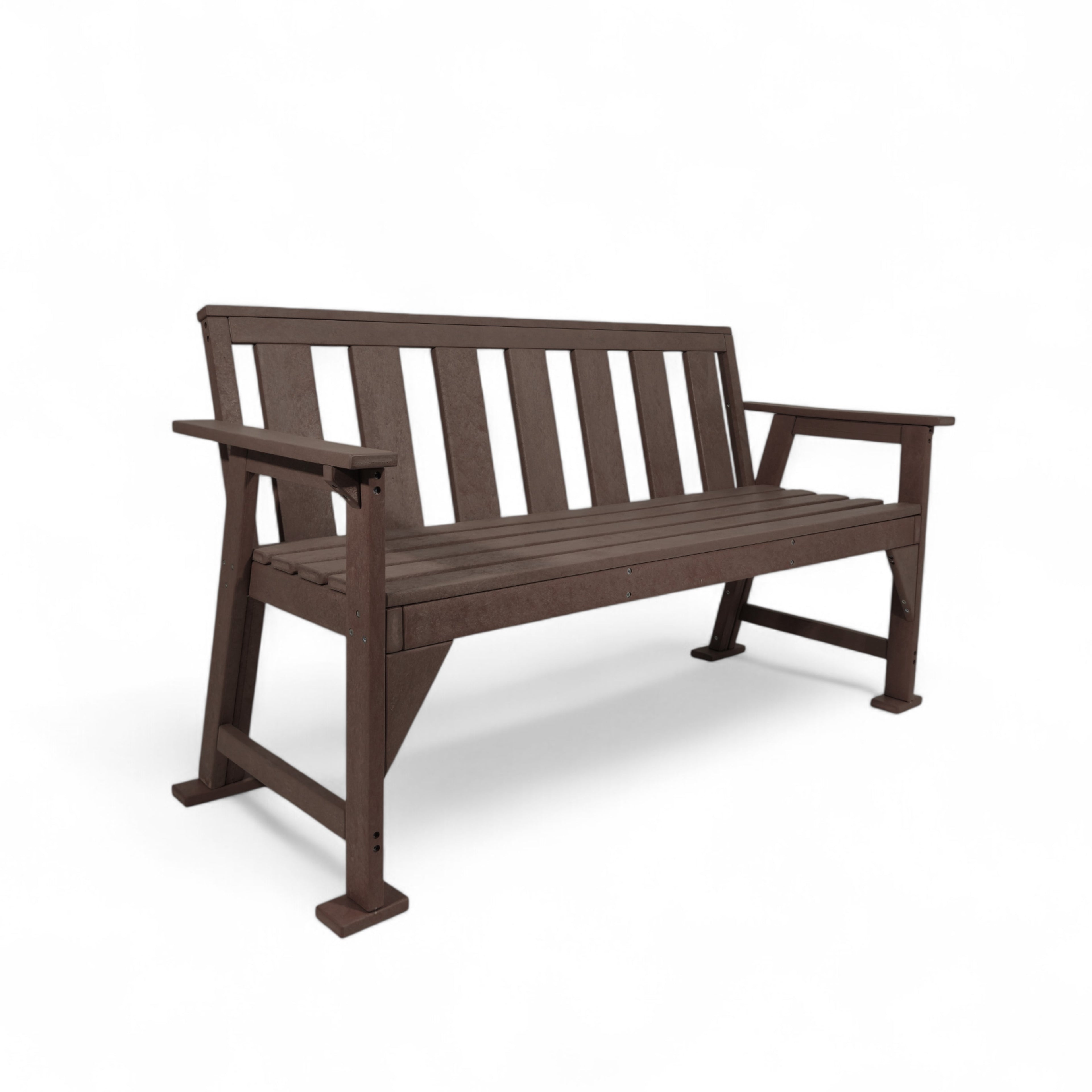 Patio eco urban 3 seater recycled plastic outdoor bench with backrest and armrest in taupe brown color