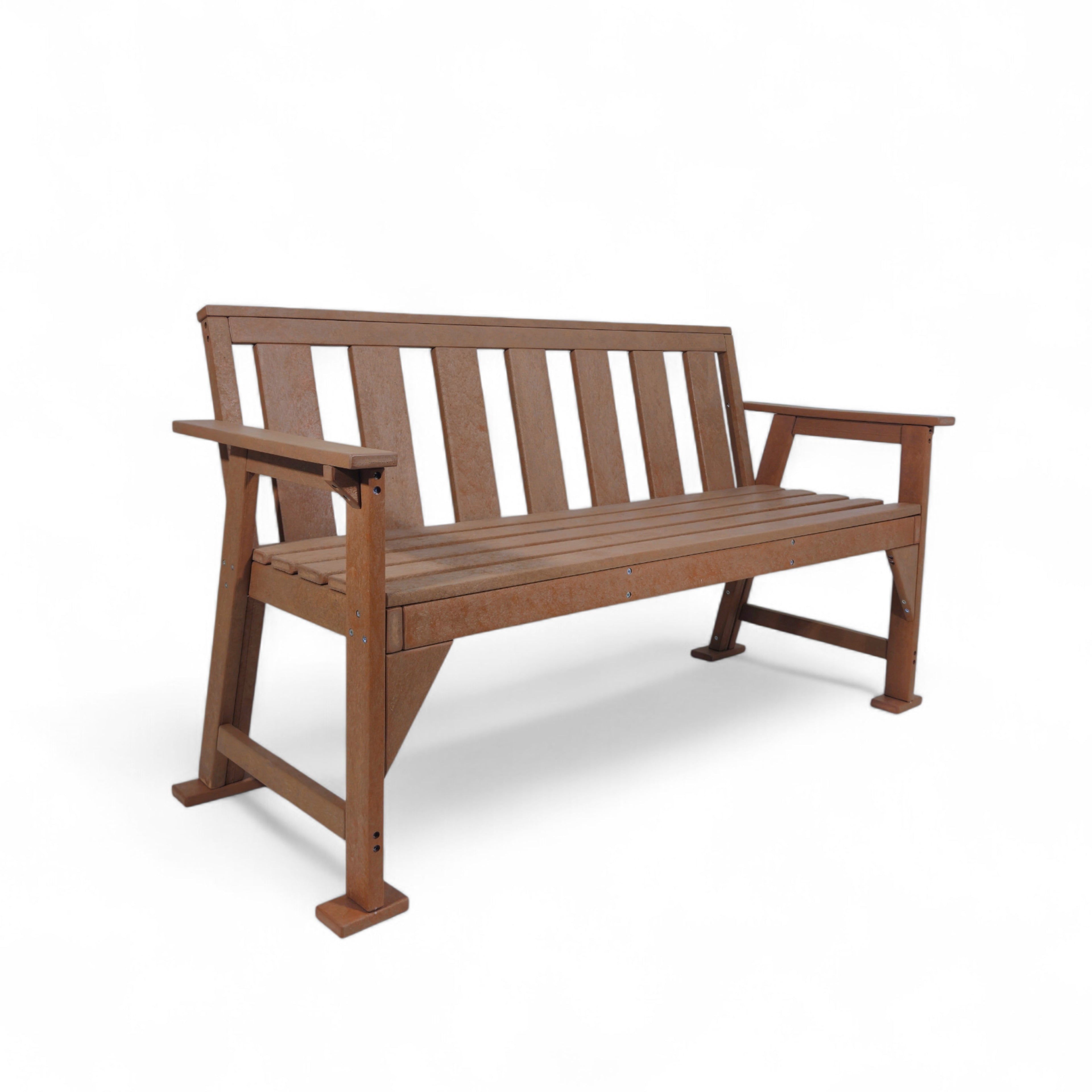 Patio eco urban 3 seater recycled plastic outdoor bench with backrest and armrest in teak color