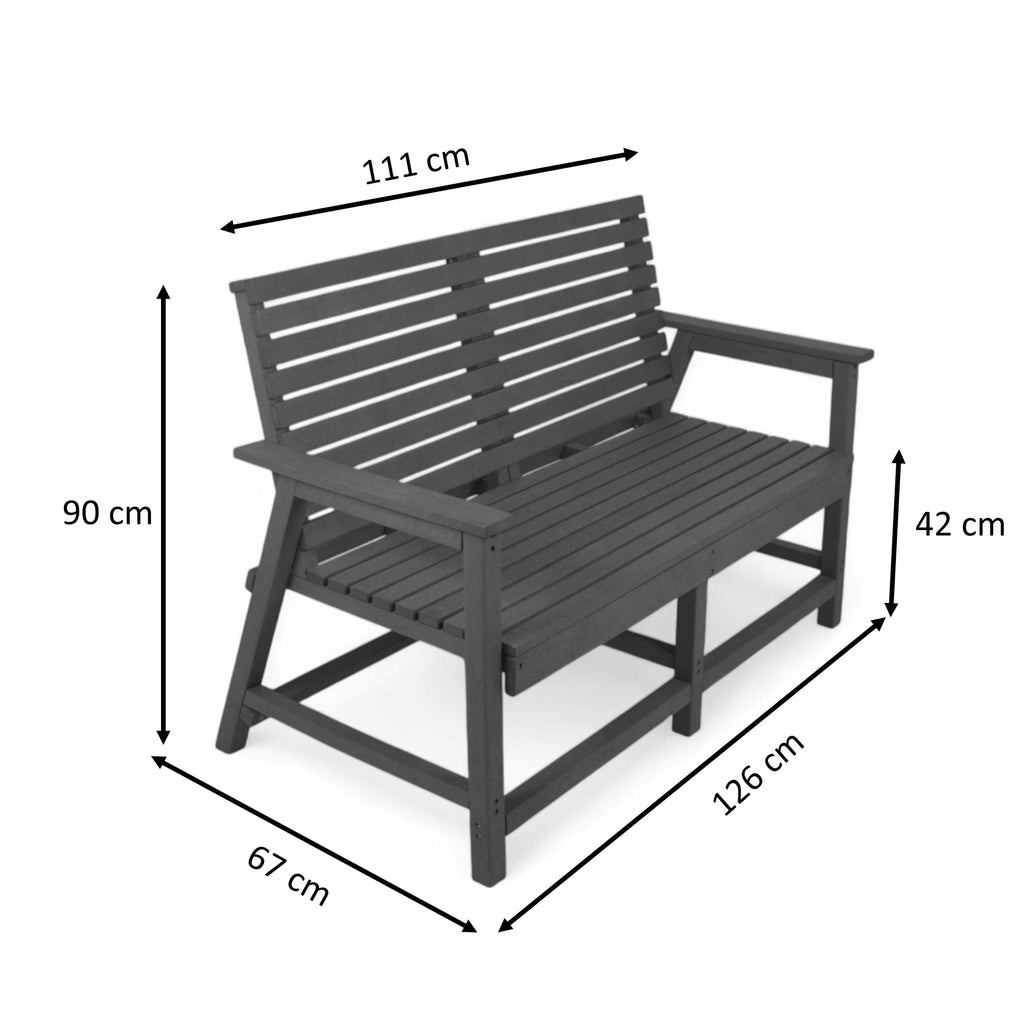 dimension view of eco vintage 2 seater outdoor bench with backrest and armrest made from plastic waste