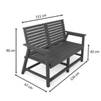 dimension view of eco vintage 2 seater outdoor bench with backrest and armrest made from plastic waste