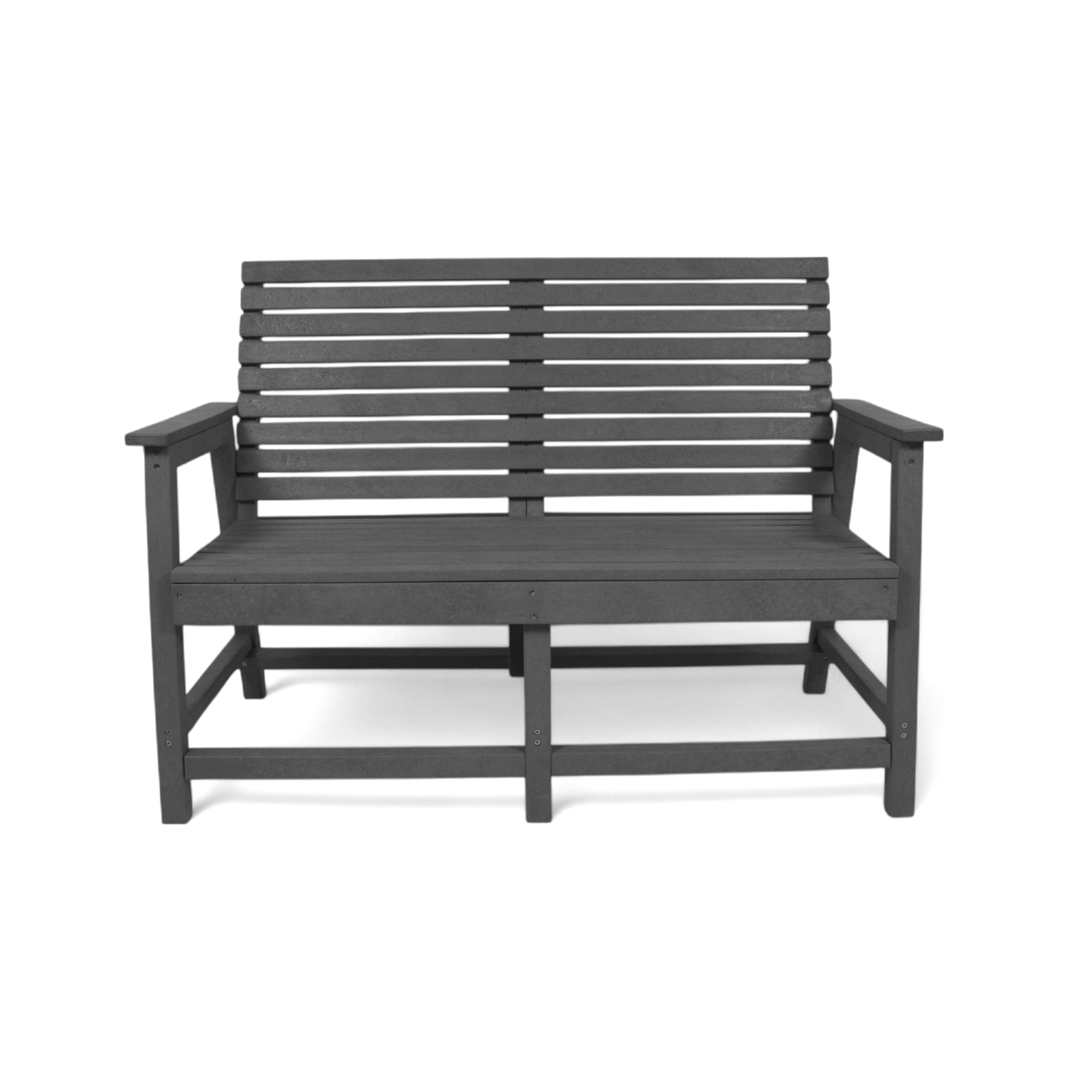 front view of eco vintage 2 seater outdoor bench with backrest and armrest made from plastic waste