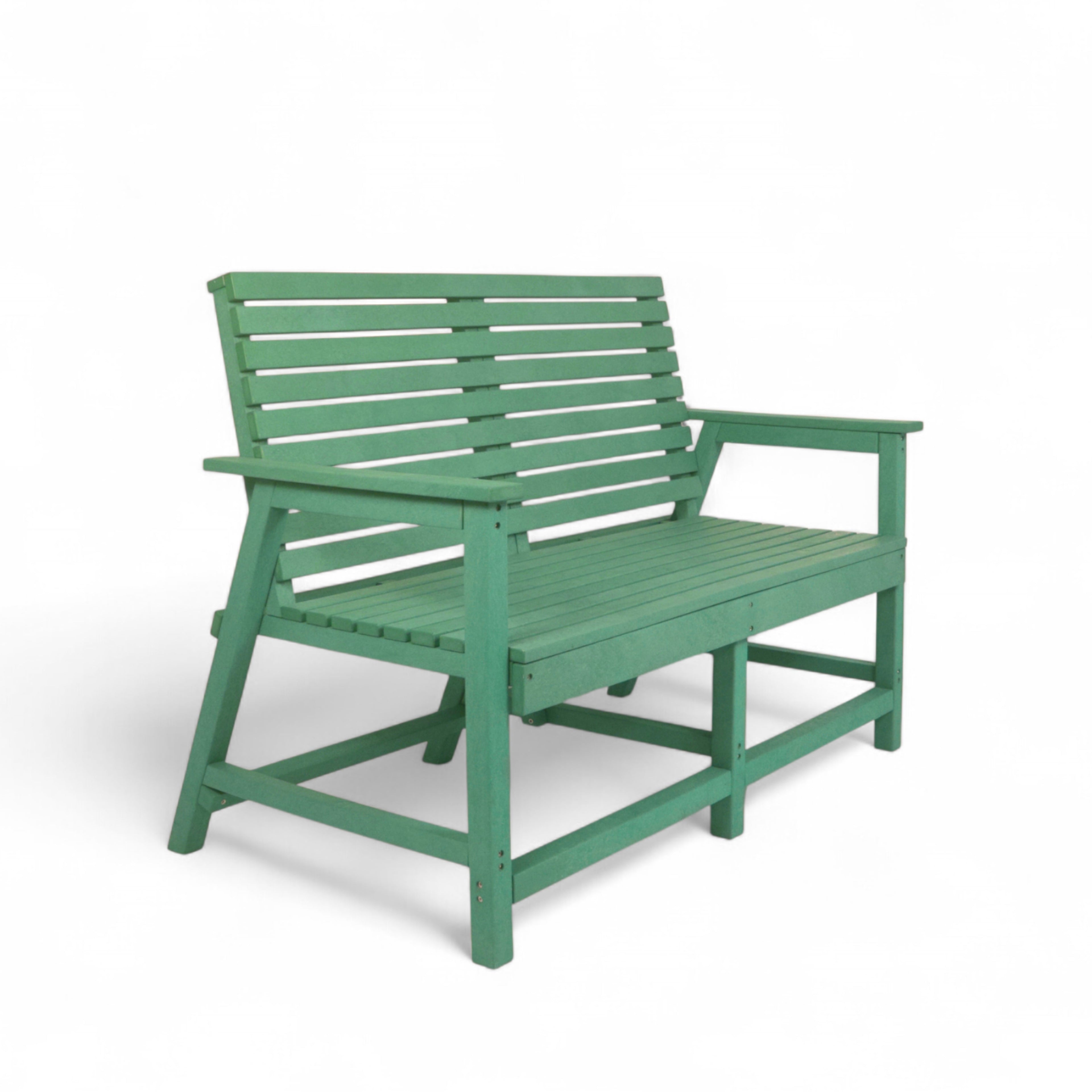 Eco vintage 2 seater recycled plastic outdoor bench with backrest and armrest in green color