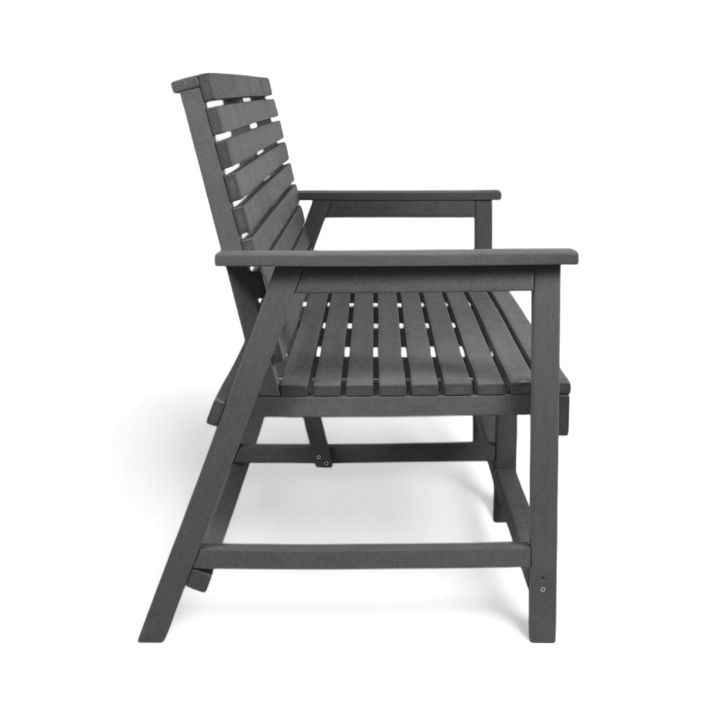 side view of eco vintage 2 seater outdoor bench with backrest and armrest made from plastic waste