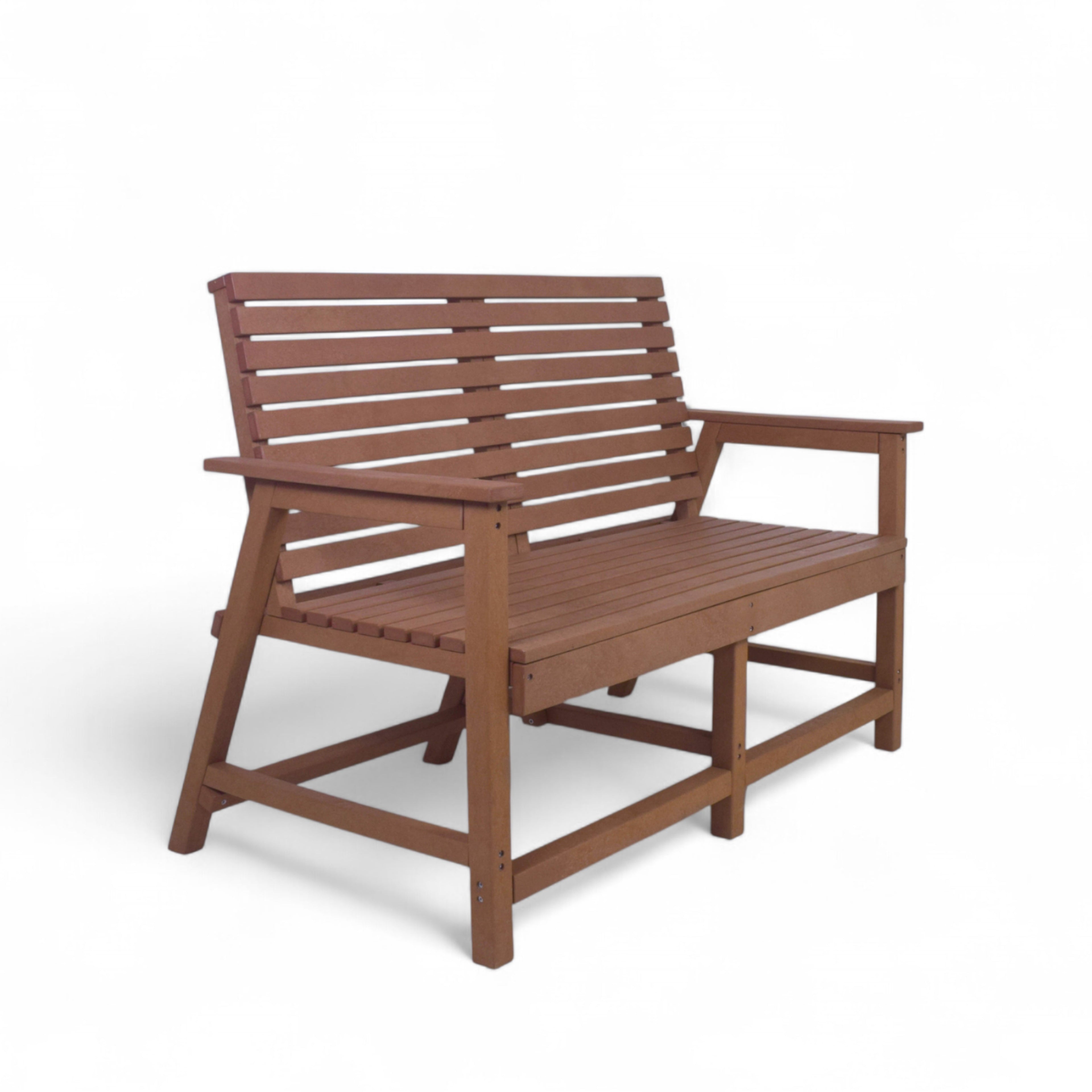 Eco vintage 2 seater recycled plastic outdoor bench with backrest and armrest in teak color