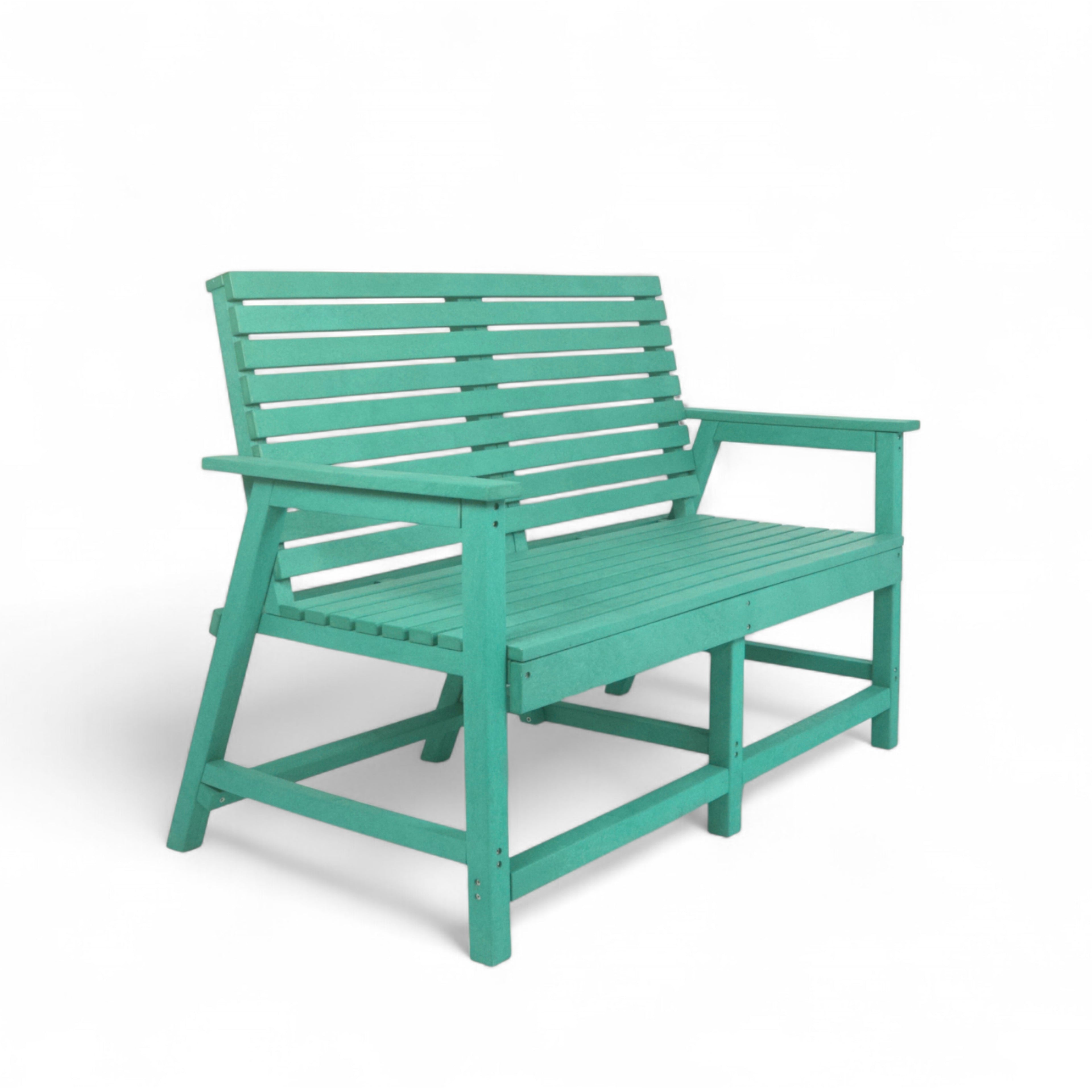 Eco vintage 2 seater recycled plastic outdoor bench with backrest and armrest in turquoise color