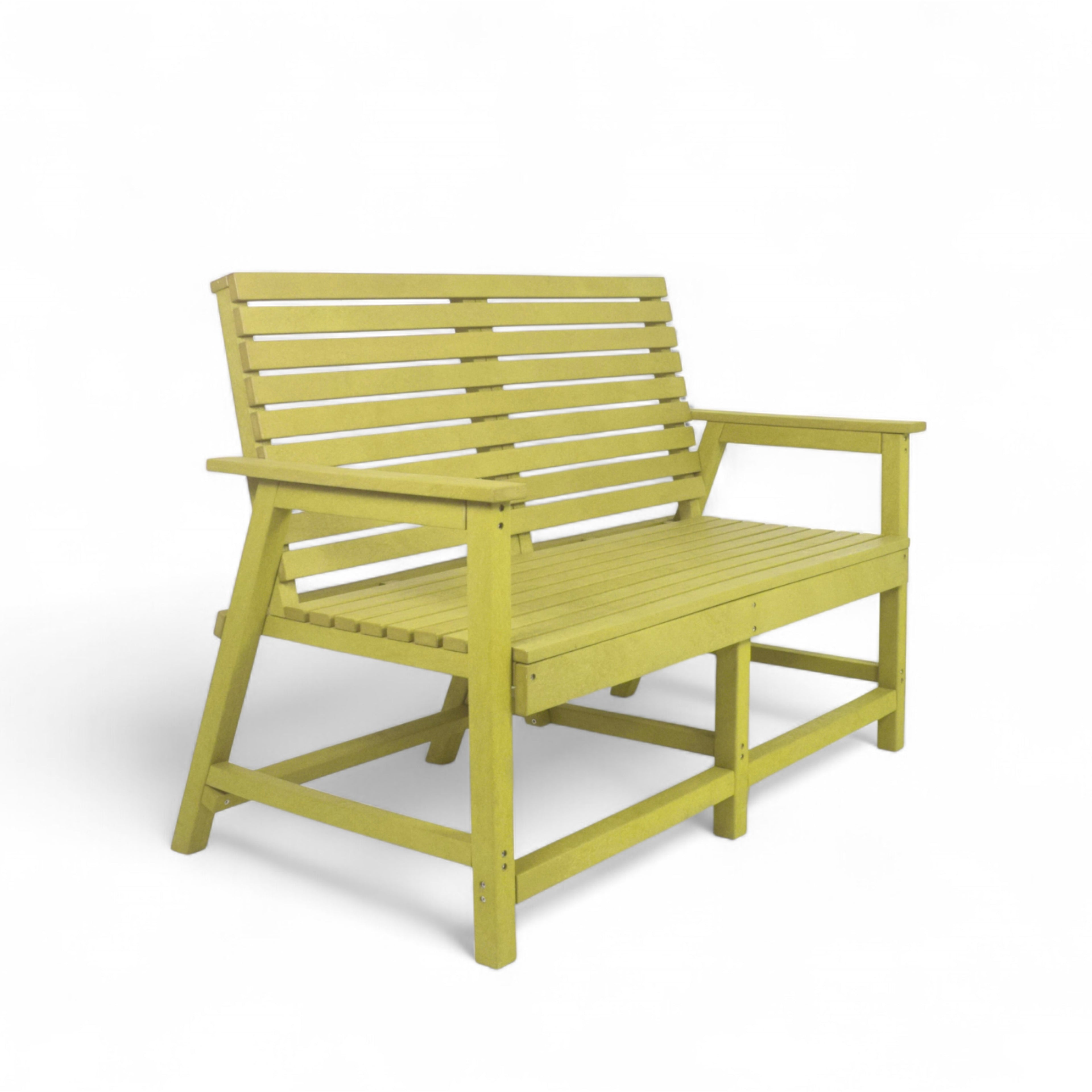 Eco vintage 2 seater recycled plastic outdoor bench with backrest and armrest in yellow color